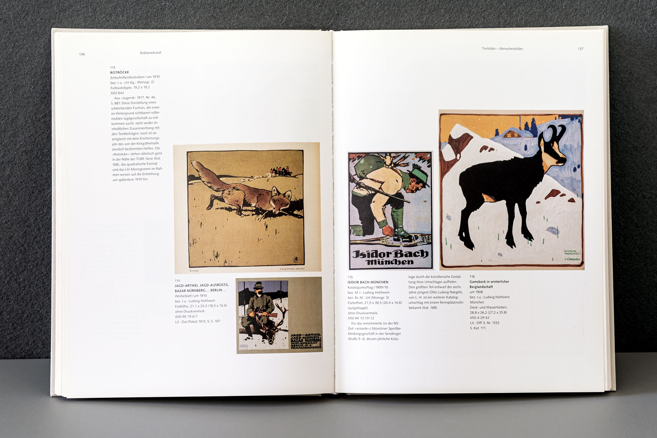  Buchgestaltung des Bildteils »Sport, Jagd, Wildtiere« im Ausstellungskatalog »Ludwig Hohlwein«, Münchner Stadtmuseum