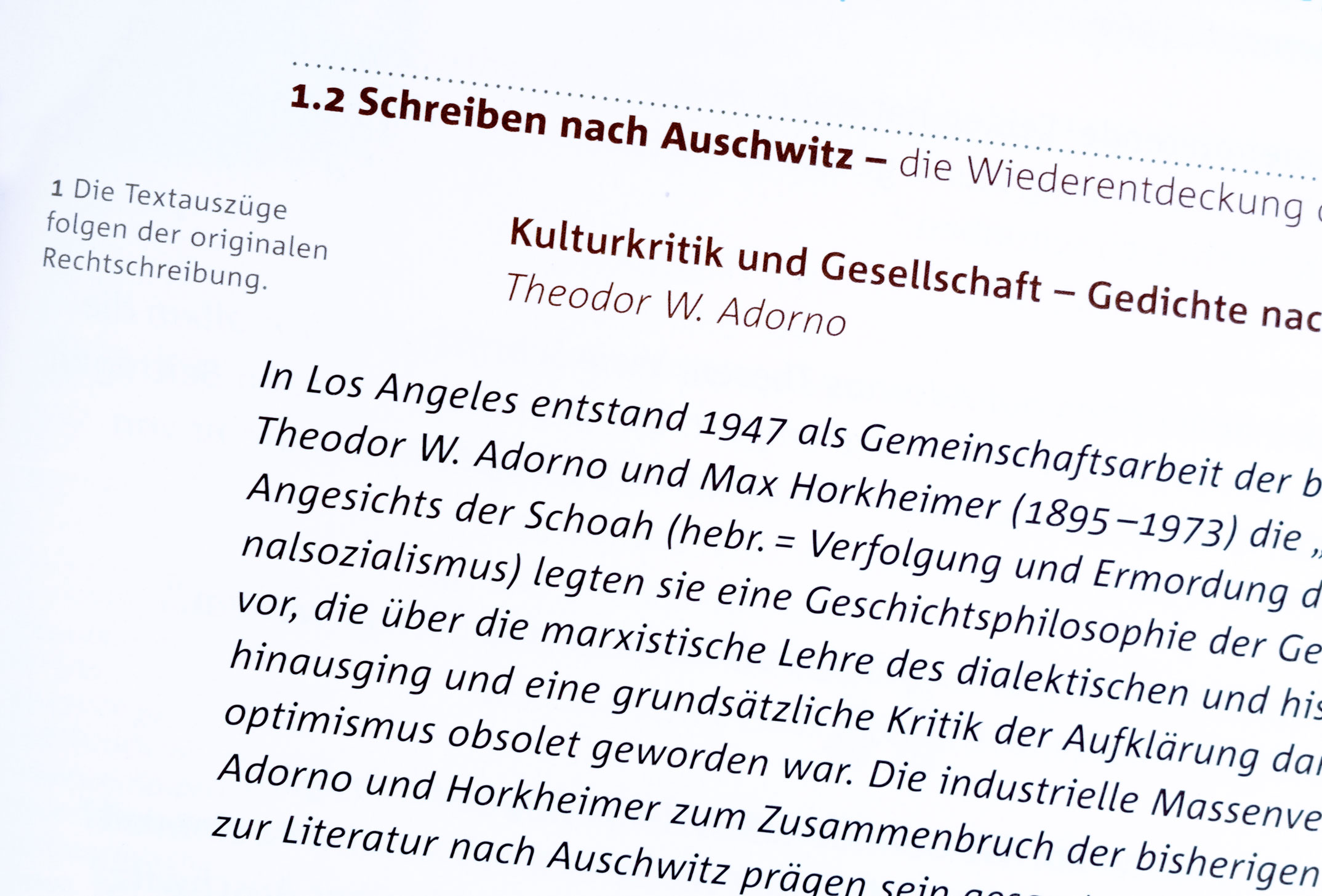Didaktische Buchgestaltung, Adorno, Lehrwerk Deutsch Oberstufe, Jahrgangsstufe 12, Oldenbourg Verlag München