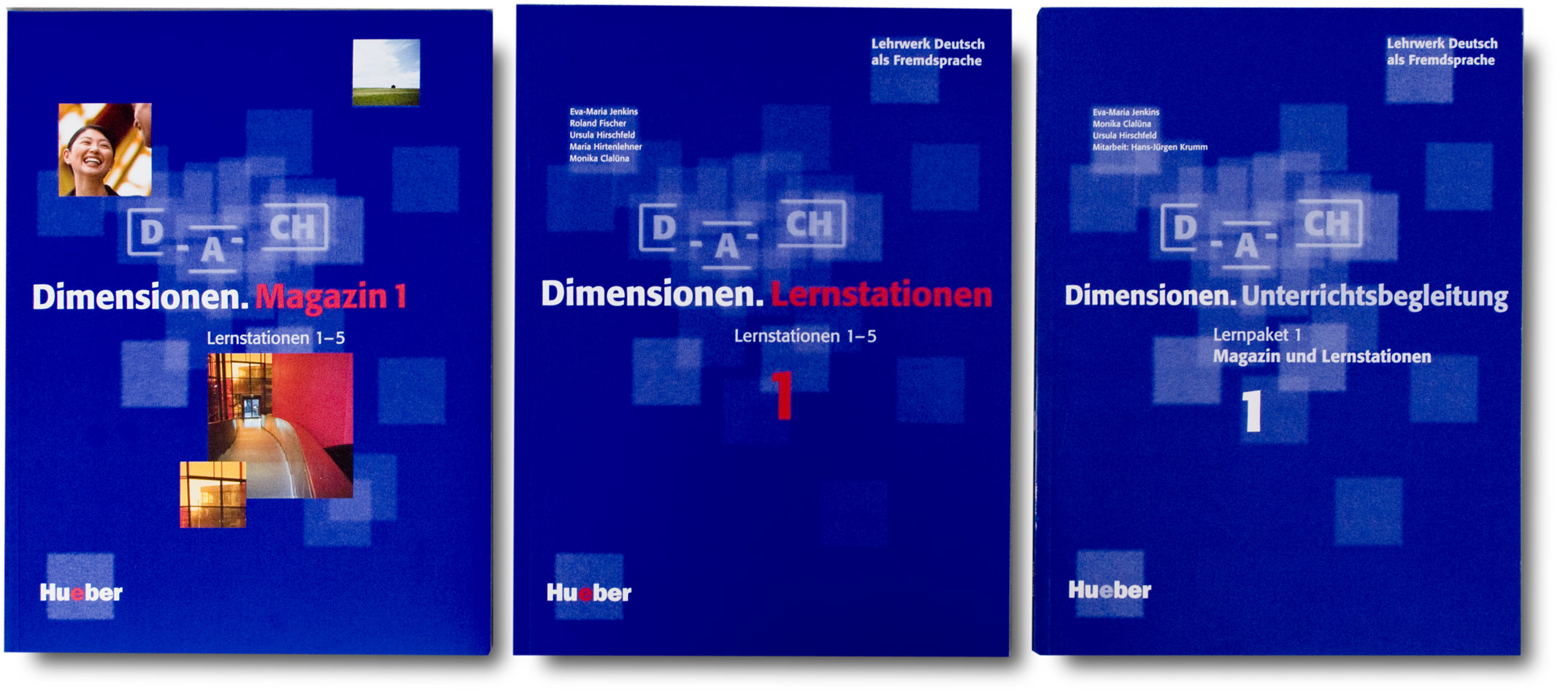 Didaktische Buchgestaltung, Buchumschläge Lernstationen, Magazin und Unterrichtsbegleitung, Lehrwerk Dimensionen, Hueber Verlag München