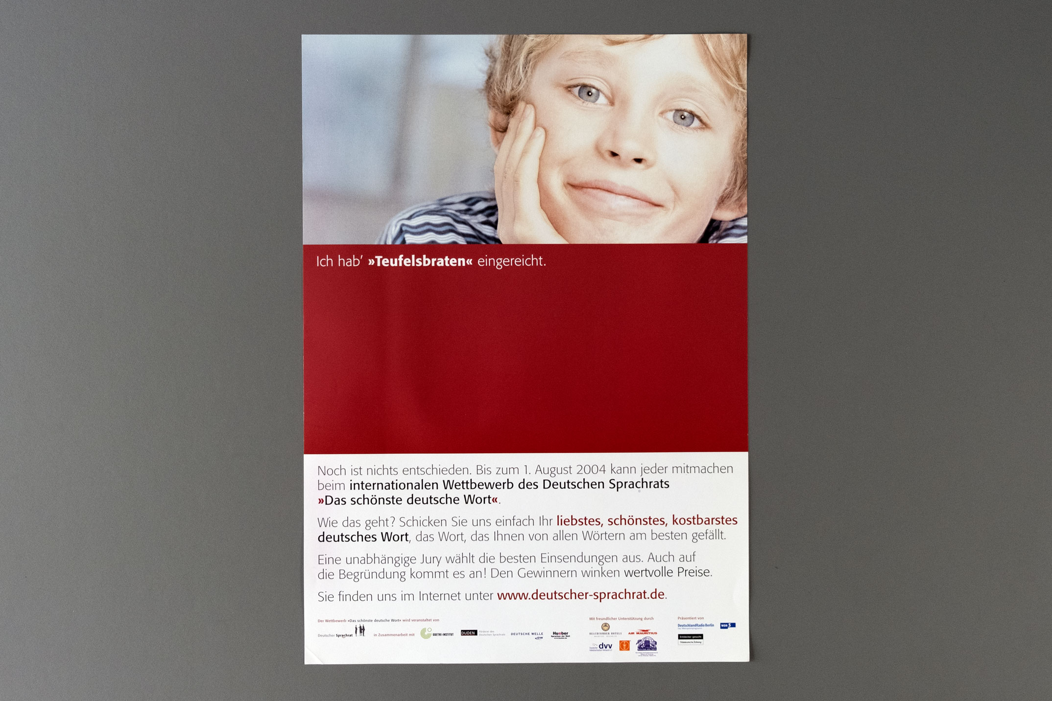 Plakat »Ich hab' Teufelsbraten eingereicht«, Werbekampagne, Das schönste deutsche Wort, Goethe Institut