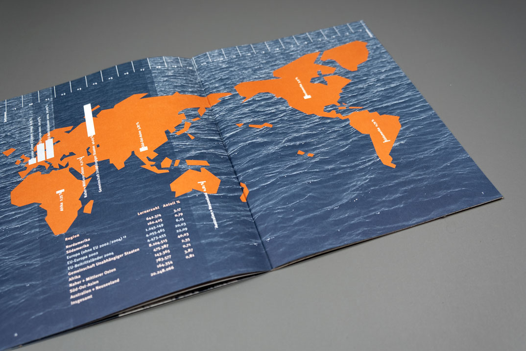 Gestaltung einer Grafik mit Weltkarte zur statistischen Erhebung von DaF weltweit in der Broschüre Statistische Erhebung Deutsch als Fremdsprache, Goethe Insitut, Auswärtiges Amt