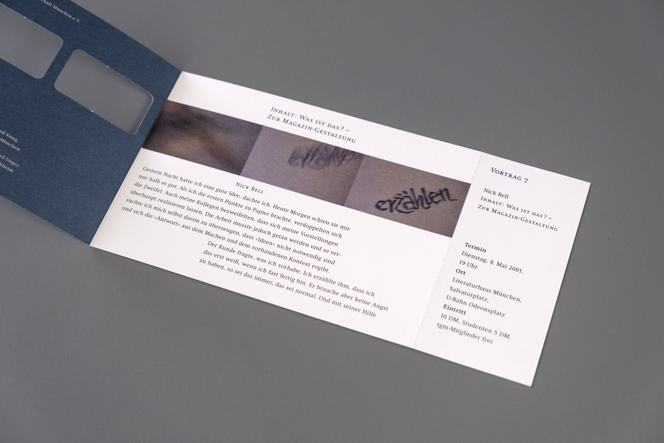 Einladungskarte zum Seminar Magazingestaltung, Jahresthema: Spannungsfeld analog-digital, Typografische Gesellschaft München