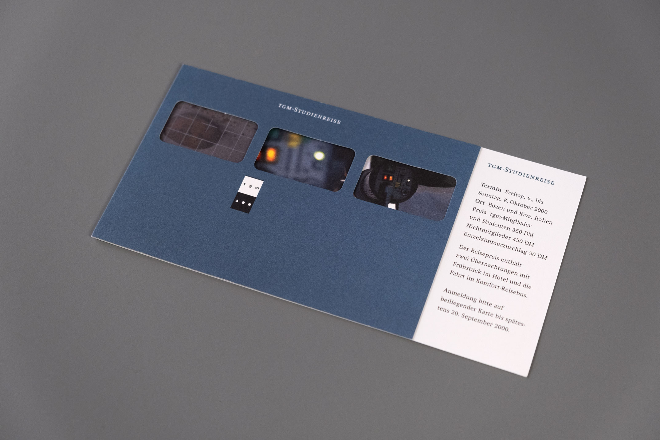 Einladungskarte zur Studienreise, Titelseite, Programmheft, Titelseite, Jahresthema: Spannungsfeld analog-digital, Typografische Gesellschaft München