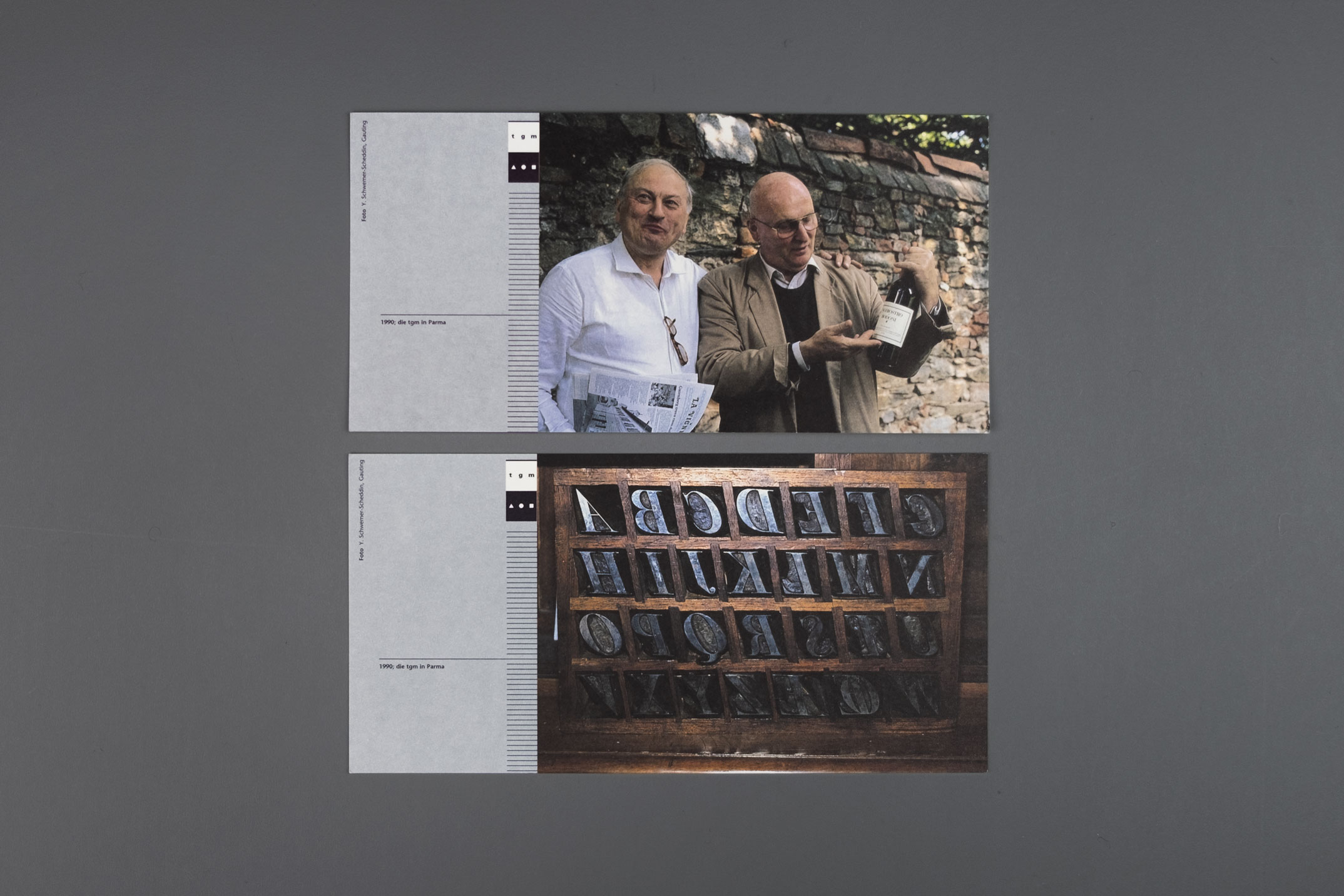 Veranstaltungskarten mit Motiven der Studienreisen und Günther Gerhard Lange, Jahresthema: Europäische Perspektiven, Typographische Gesellschaft München