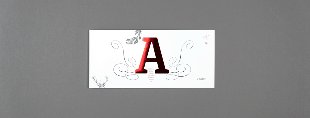 Weihnachtskarte mit schillerndem A, Heißfolienprägung, Weihnachtskarte privat