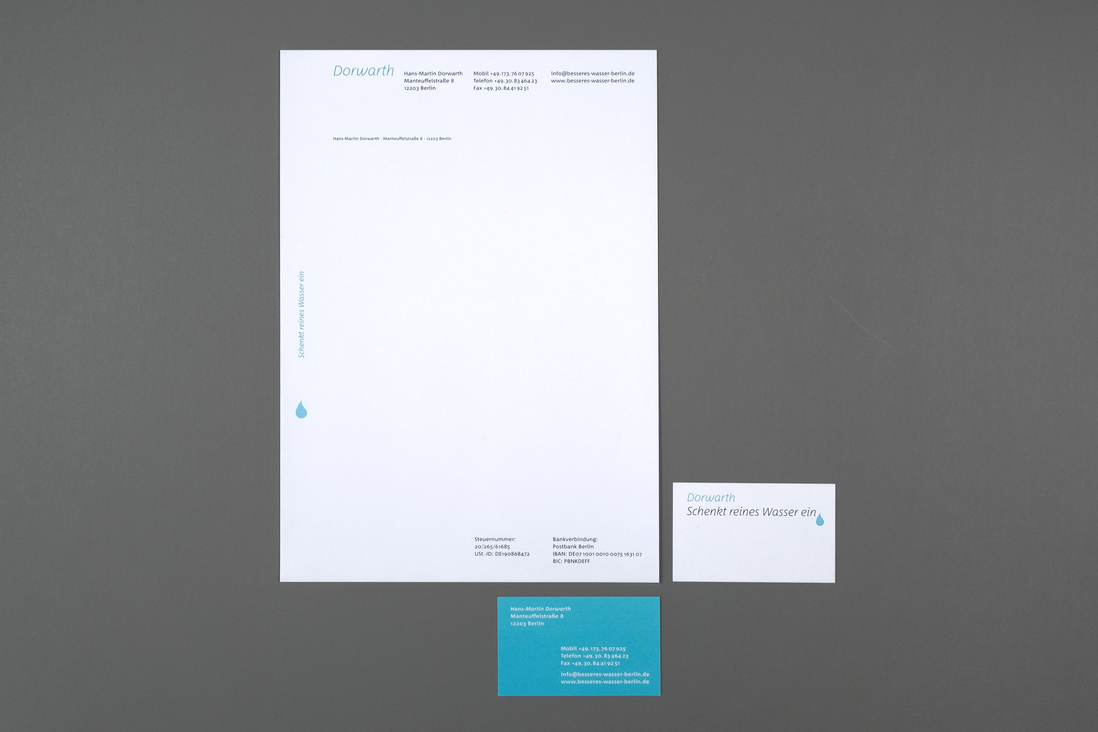 Briefausstattung mit Briefpapier und Visitenkarte – Corporate Design, Dorwarth Berlin, Wasserexperte