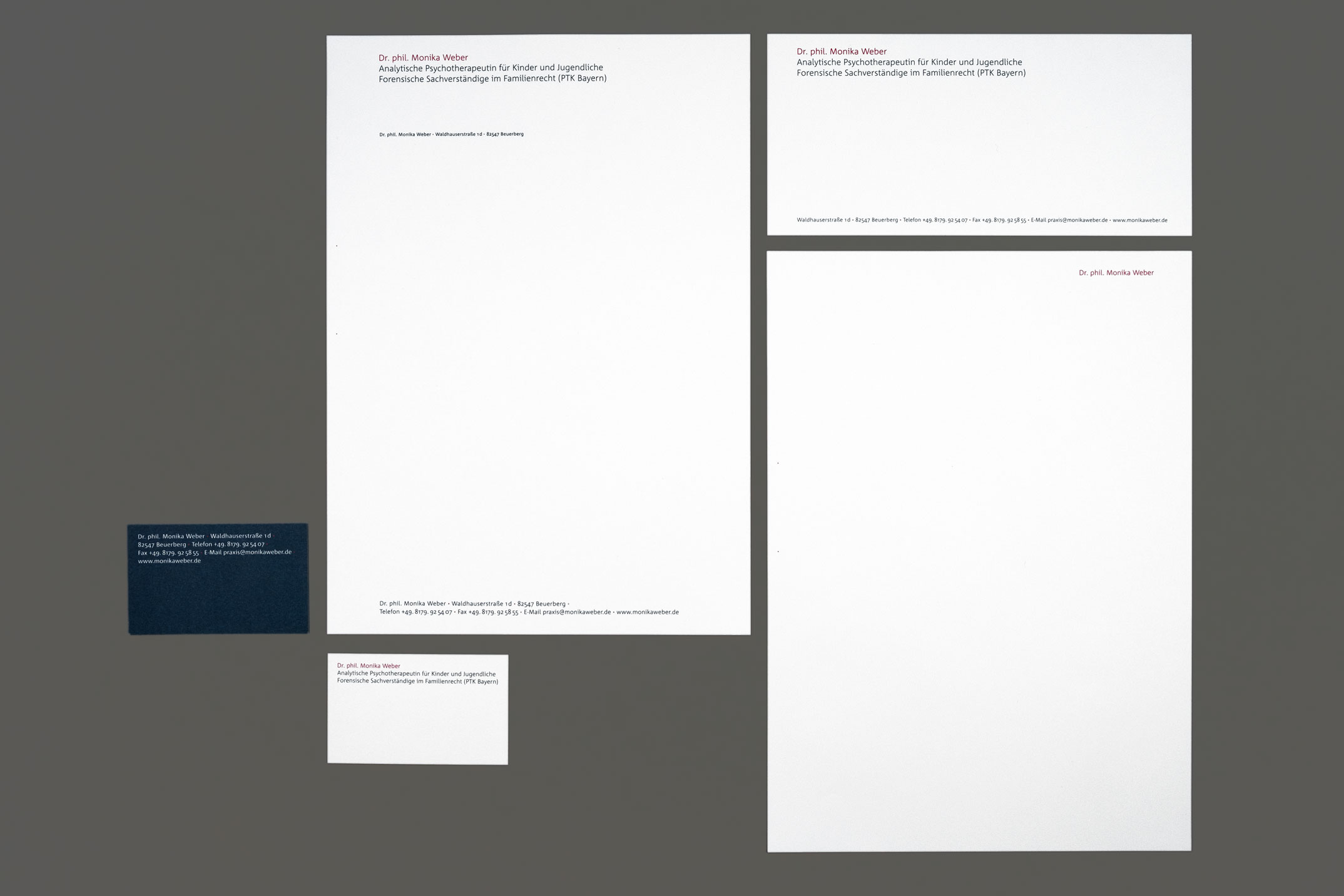 Briefausstattung mit Visitenkarte, Briefbogen, Zweitblatt und Kurzmitteilung – Corporate Design Dr. phil. Monika Weber, Psychotherapeutin für Kinder- und Jugendliche, forensische Gutachterin