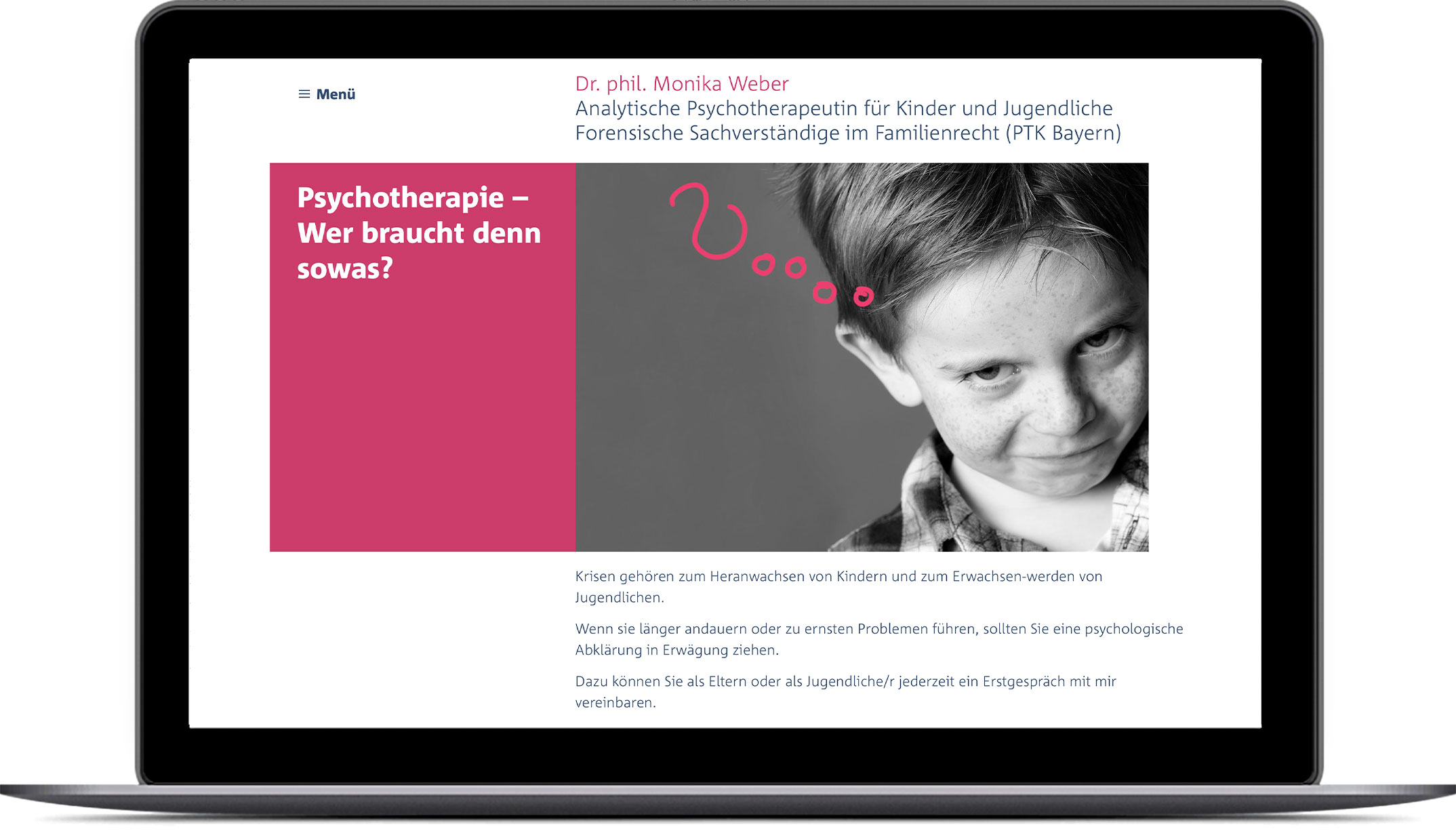 Webdesign, Startseite Website, Foto von einem Jungen, der sich die Frage stellt: Psychotherapie – wer braucht denn sowas? – Corporate Design Dr. phil. Monika Weber, Psychotherapeutin für Kinder- und Jugendliche, forensische Gutachterin