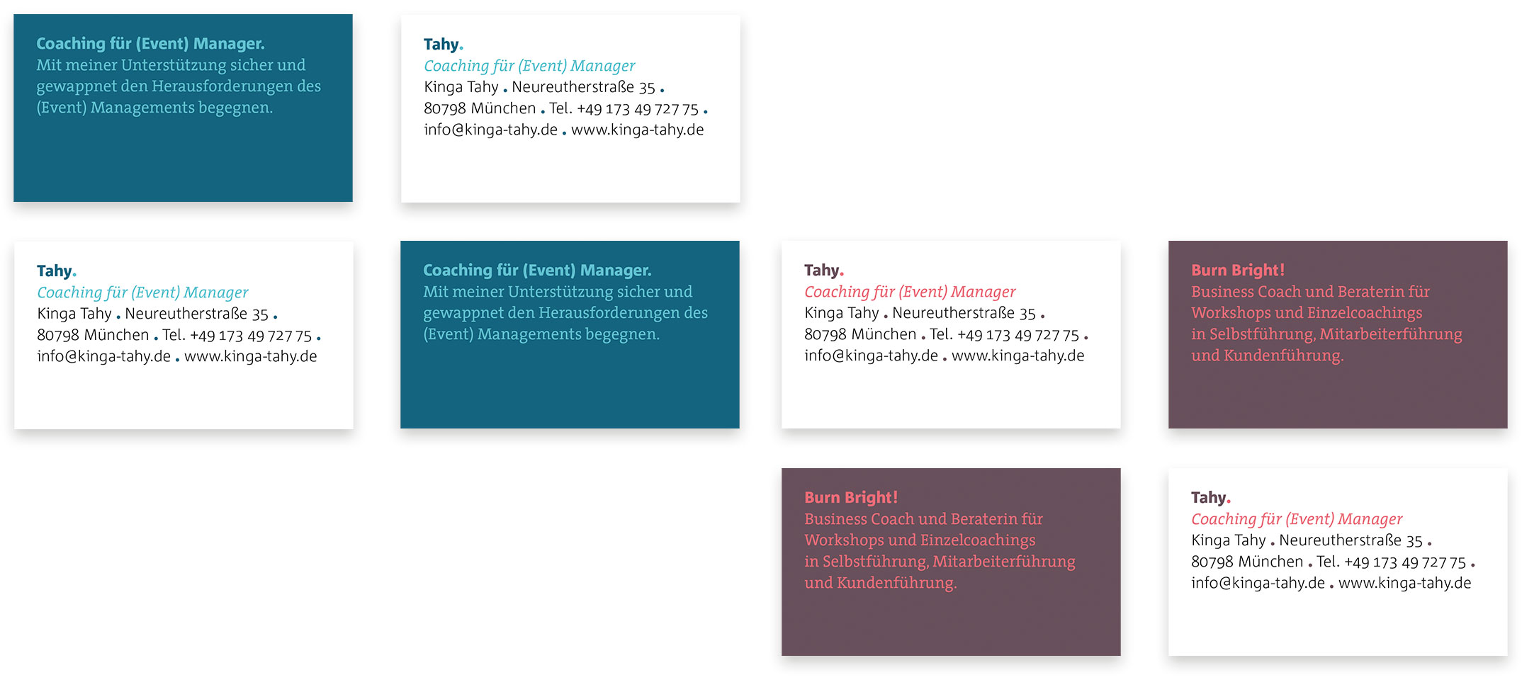 Visitenkarten »Coaching für Eventmanager« und »Burn bright« – Corporate Design Kinga Tahy Coaching