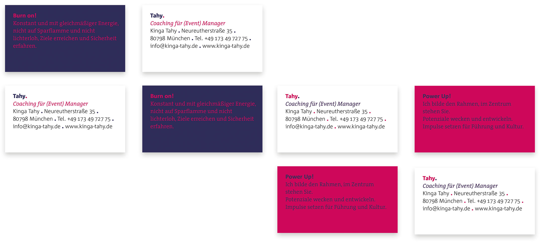Visitenkarten »Burn on!« und »Power up!« – Corporate Design Kinga Tahy Coaching