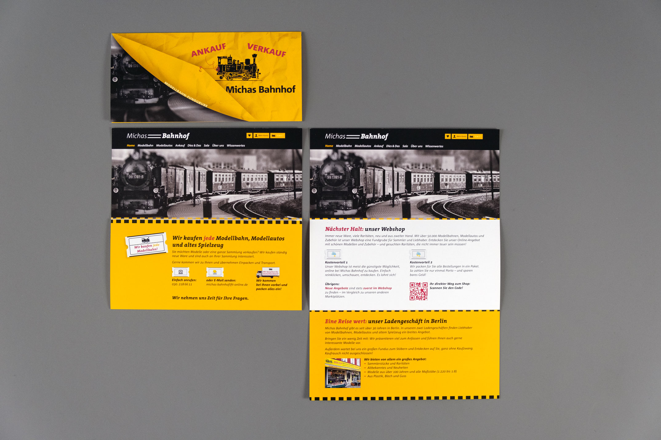 Faltblatt mit Innenseiten – Corporate Design und Webshop Michas Bahnhof