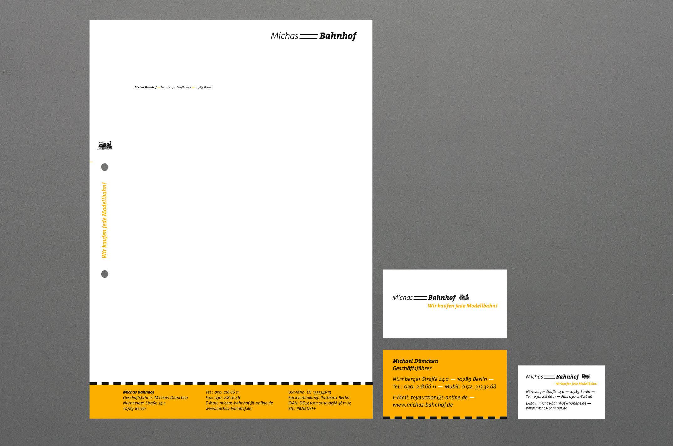 Briefausstattung mit Briefpapier, Visitenkarte und Stempel – Corporate Design und Webshop Michas Bahnhof