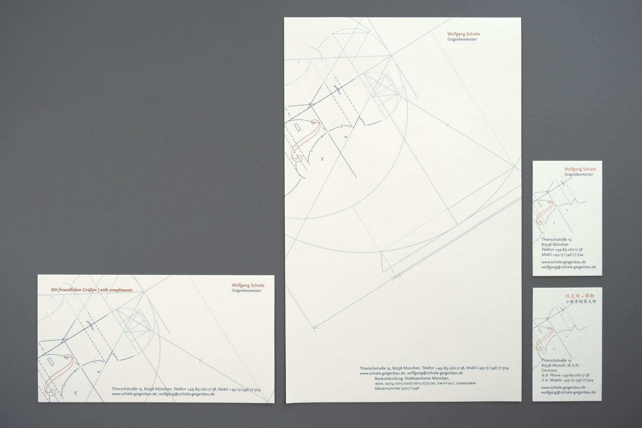 Briefausstattung mit Briefpapier, Visitenkarten und Kurzmitteilung – Corporate Design Wolfgang Schiele Geigenbaumeister