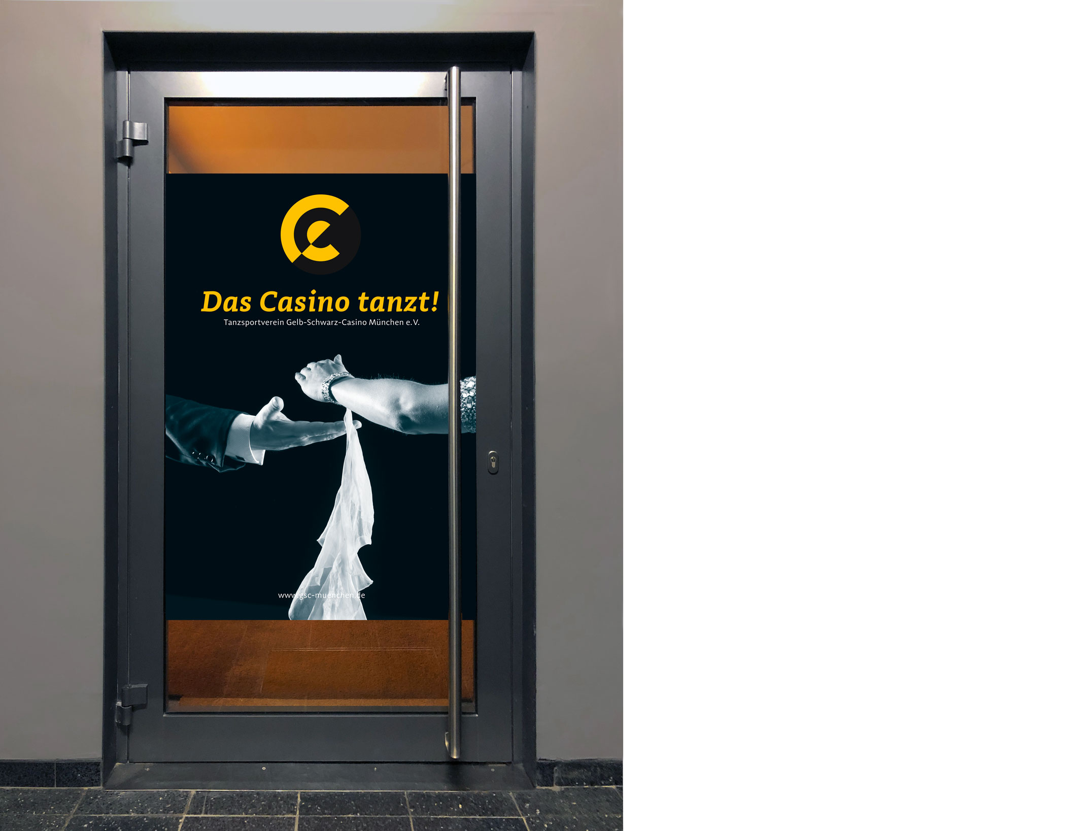 Leitsystem, Türschild Eingangstür, Motiv Standard, Gelb-Schwarz-Casino München Tanzsportverein 