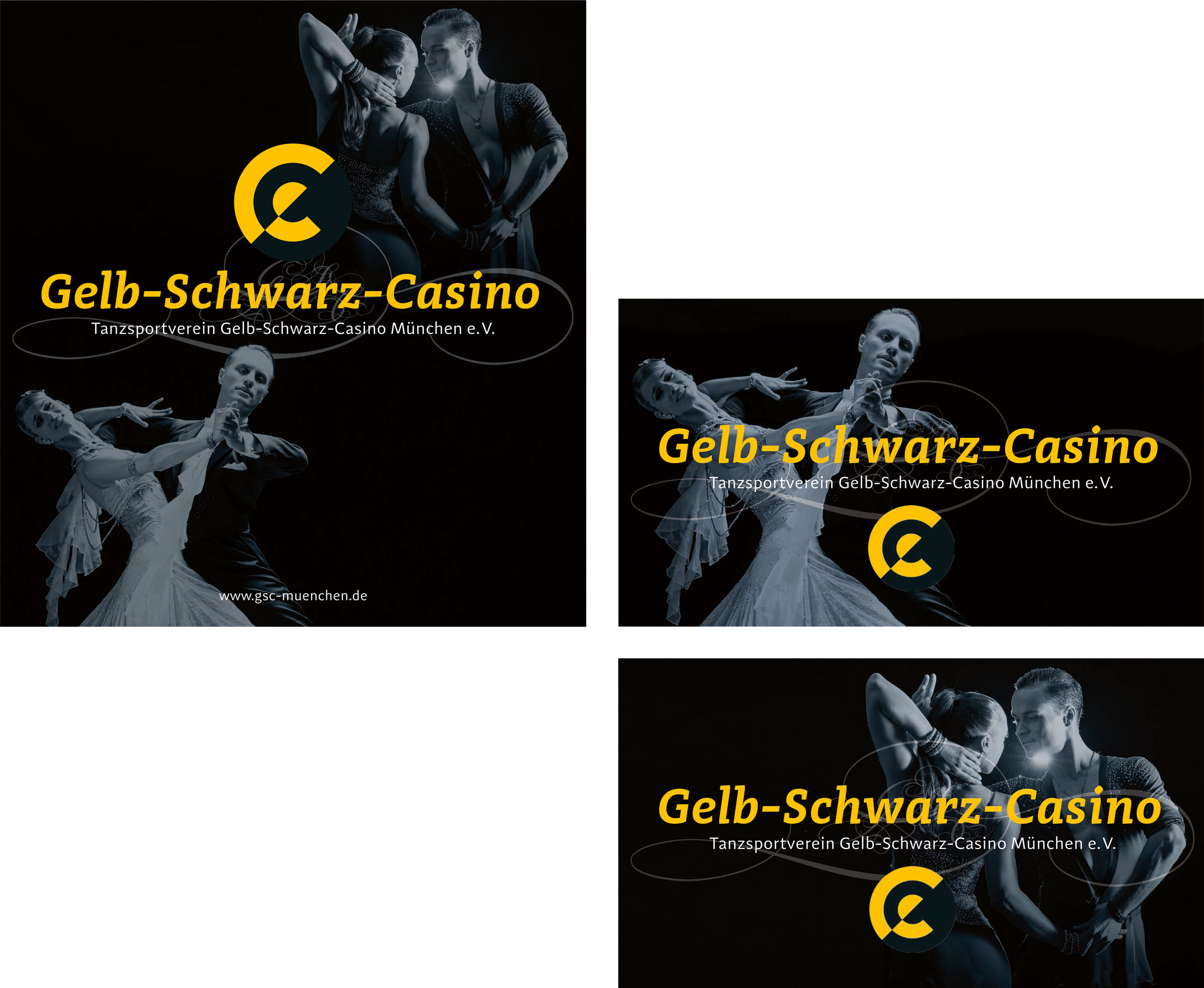 Leitsystem, Schilder neben den Haustüren, Gelb-Schwarz-Casino München Tanzsportverein 