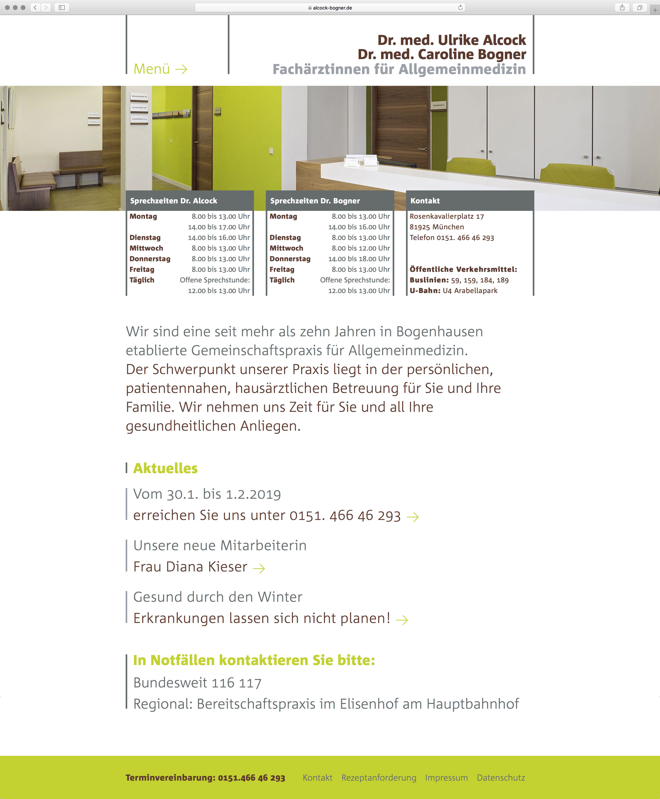 Startseite mit Newsblog – Corporate Website Dres. med. Alcock und Bogner Allgemeinmedizin München