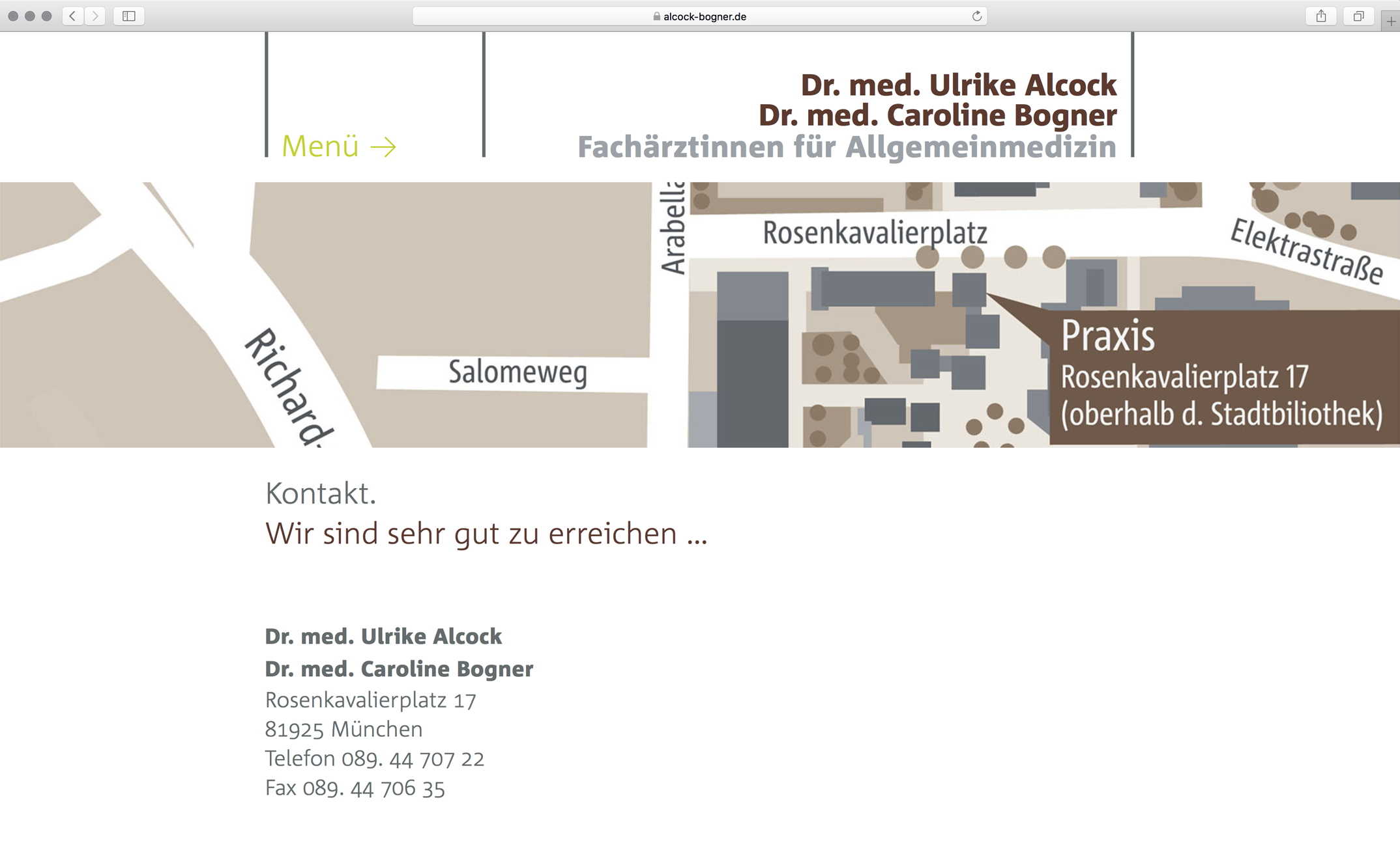 Unterseite Kontakt – Corporate Website Dres. med. Alcock und Bogner Allgemeinmedizin München