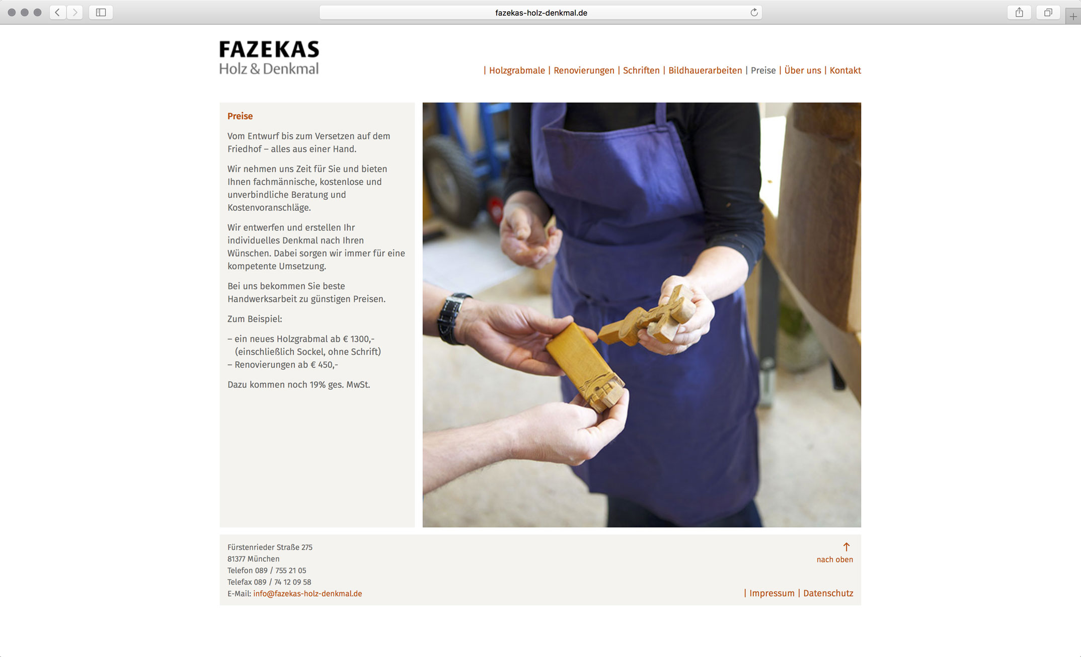 Webdesign, Unterseite »Kosten« – Holz und Denkmal Angelika Fazekas München