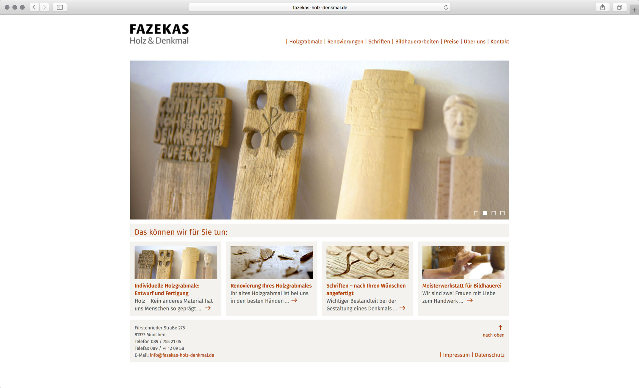 Webdesign, Startseite Slider – Holz und Denkmal Angelika Fazekas München
