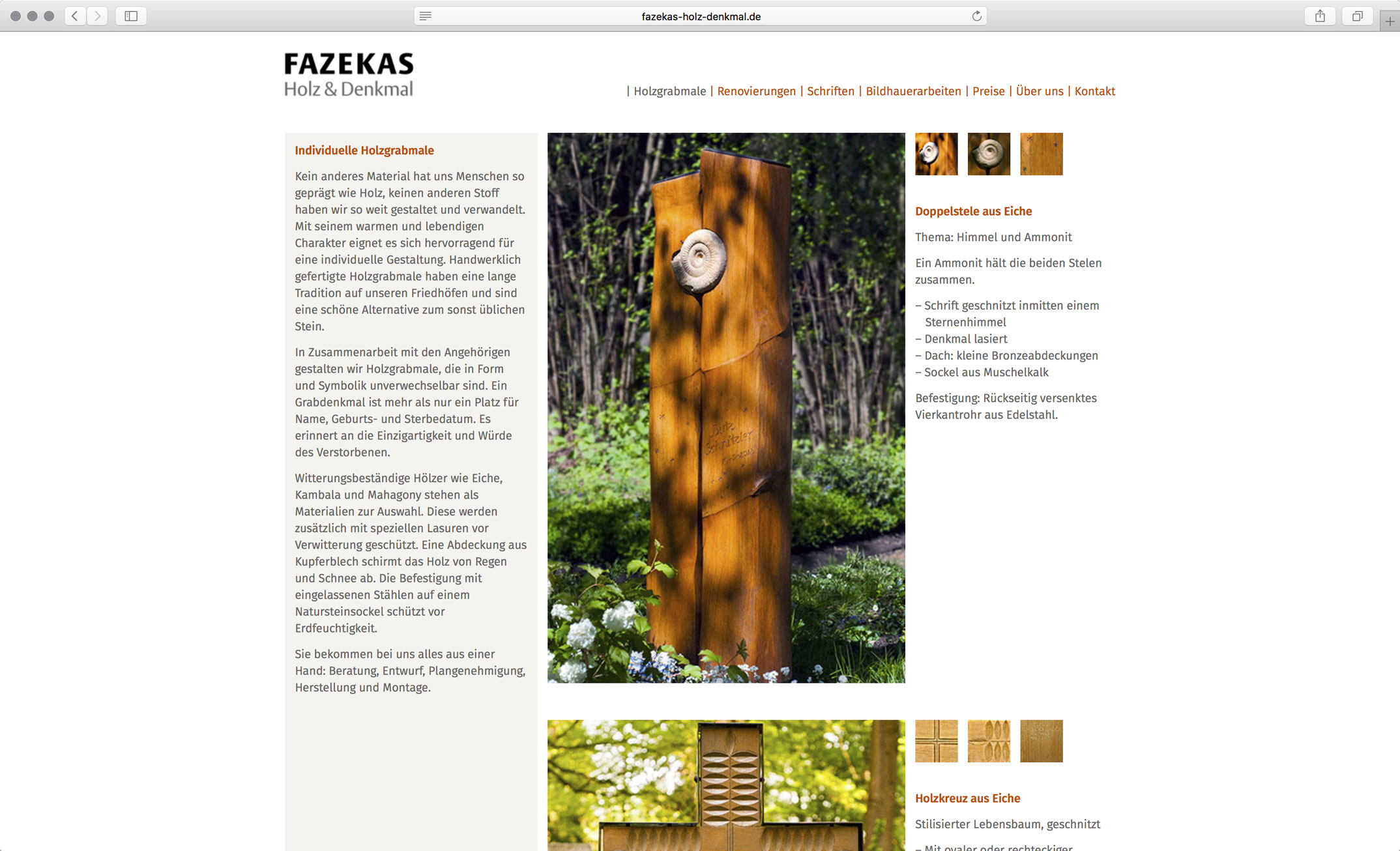 Webdesign, Unterseite »Beisiele Grabmale« – Holz und Denkmal Angelika Fazekas München