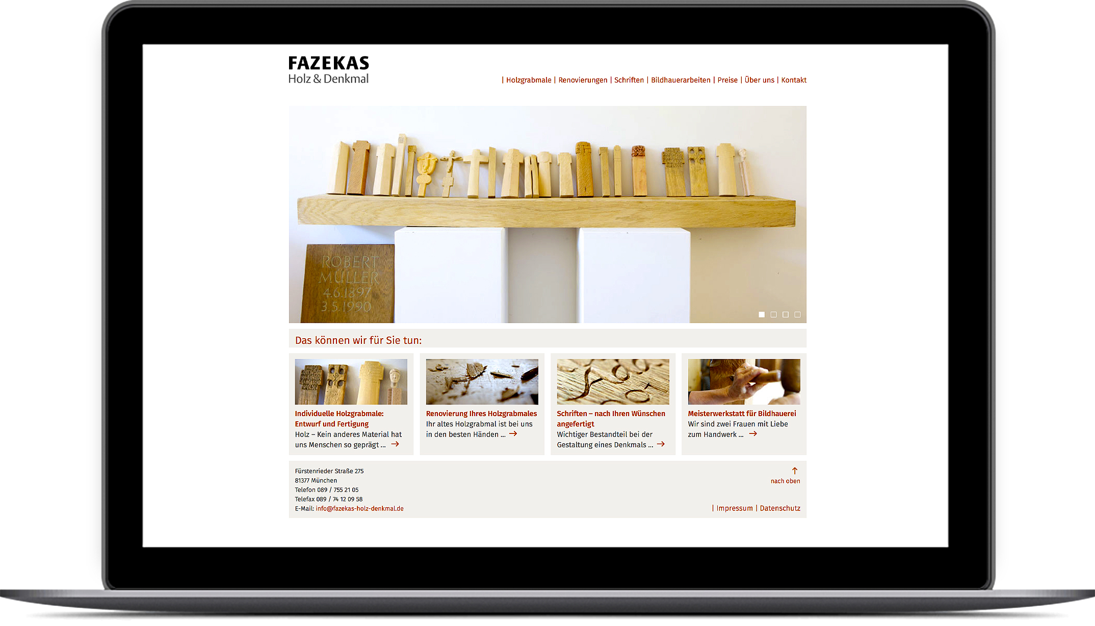 Webdesign, Startseite – Holz und Denkmal Angelika Fazekas München