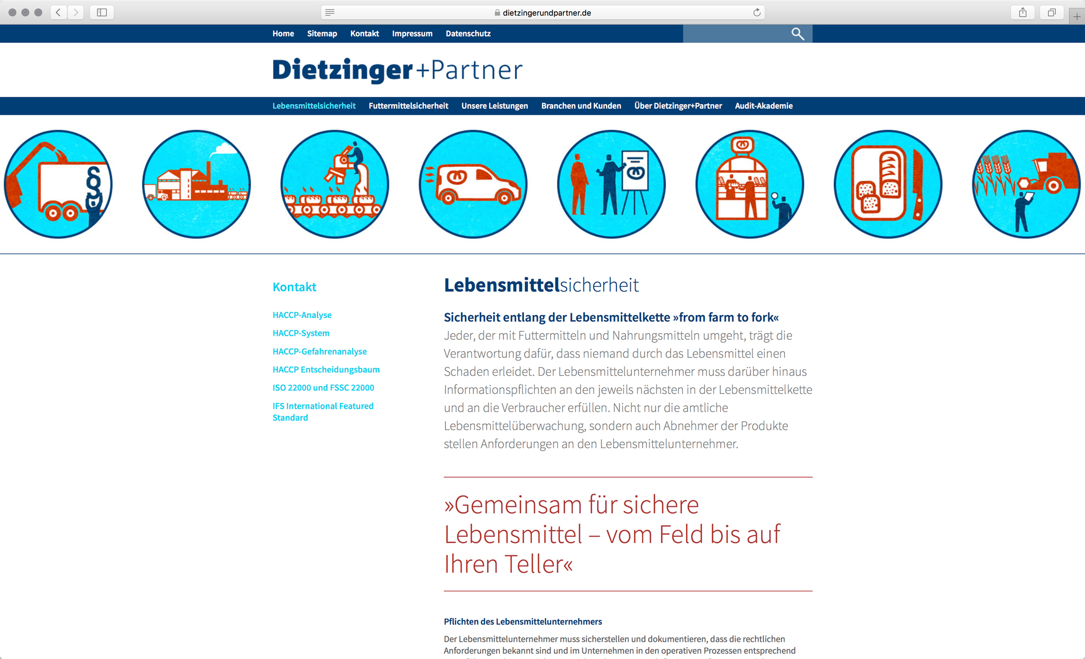 Webdesign, Unterseite Lebensmittelsicherheit – Corporate Website, Dietzinger+Partner