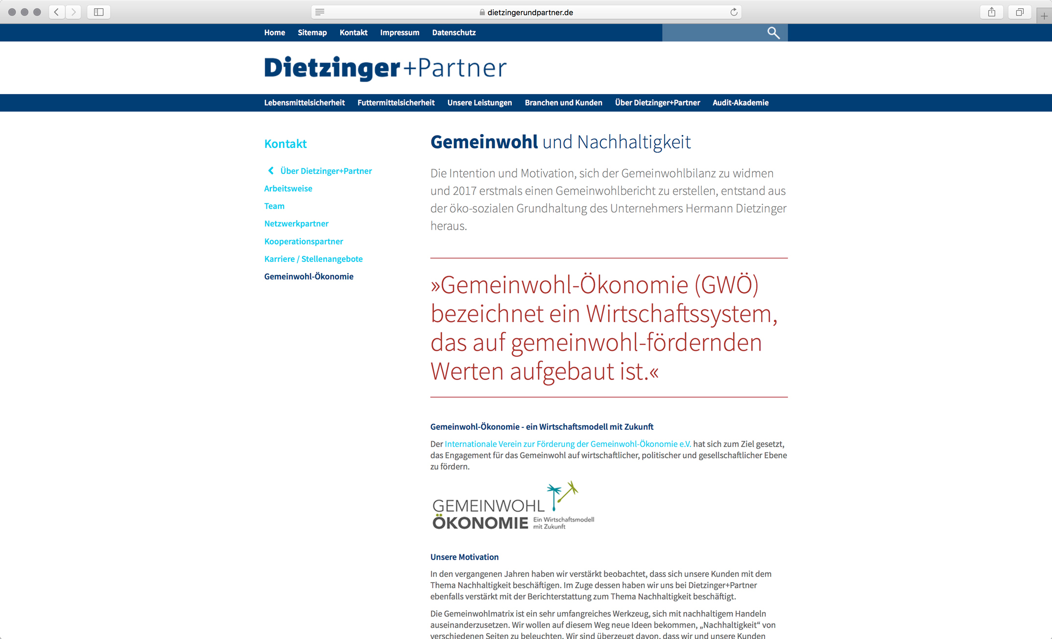 Webdesign, Unterseite Nachhaltigkeit und Gemeinwohl – Corporate Website, Dietzinger+Partner
