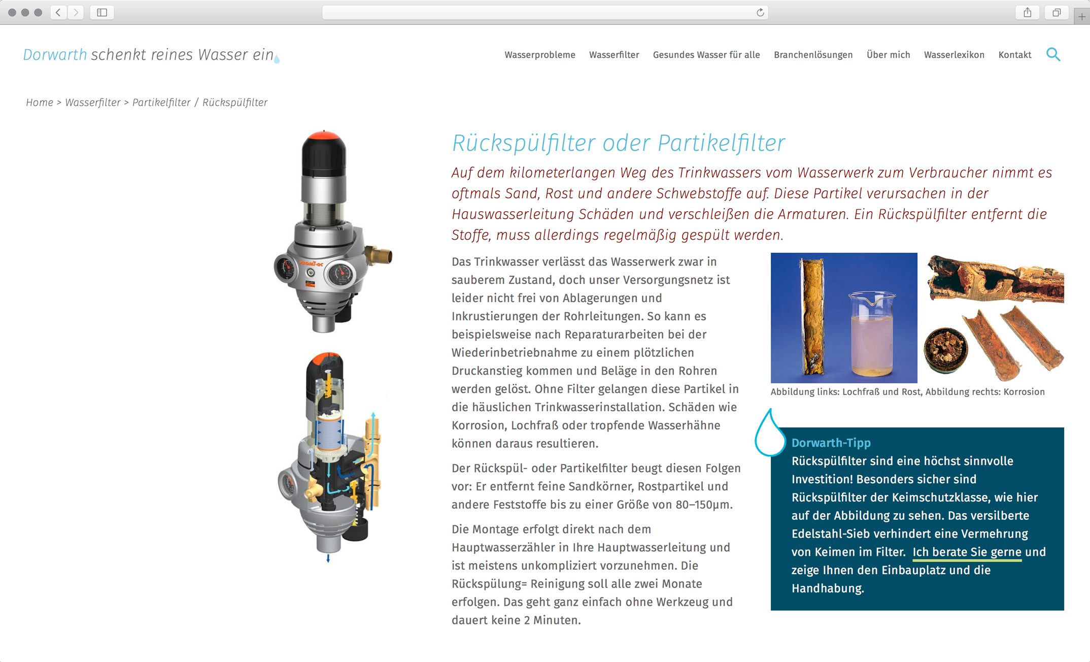 Webdesign, Unterseite Rückspülfilter und Partikelfilter – Corporate Website, Dorwarth Wasserexperte, Besseres Wasser Berlin