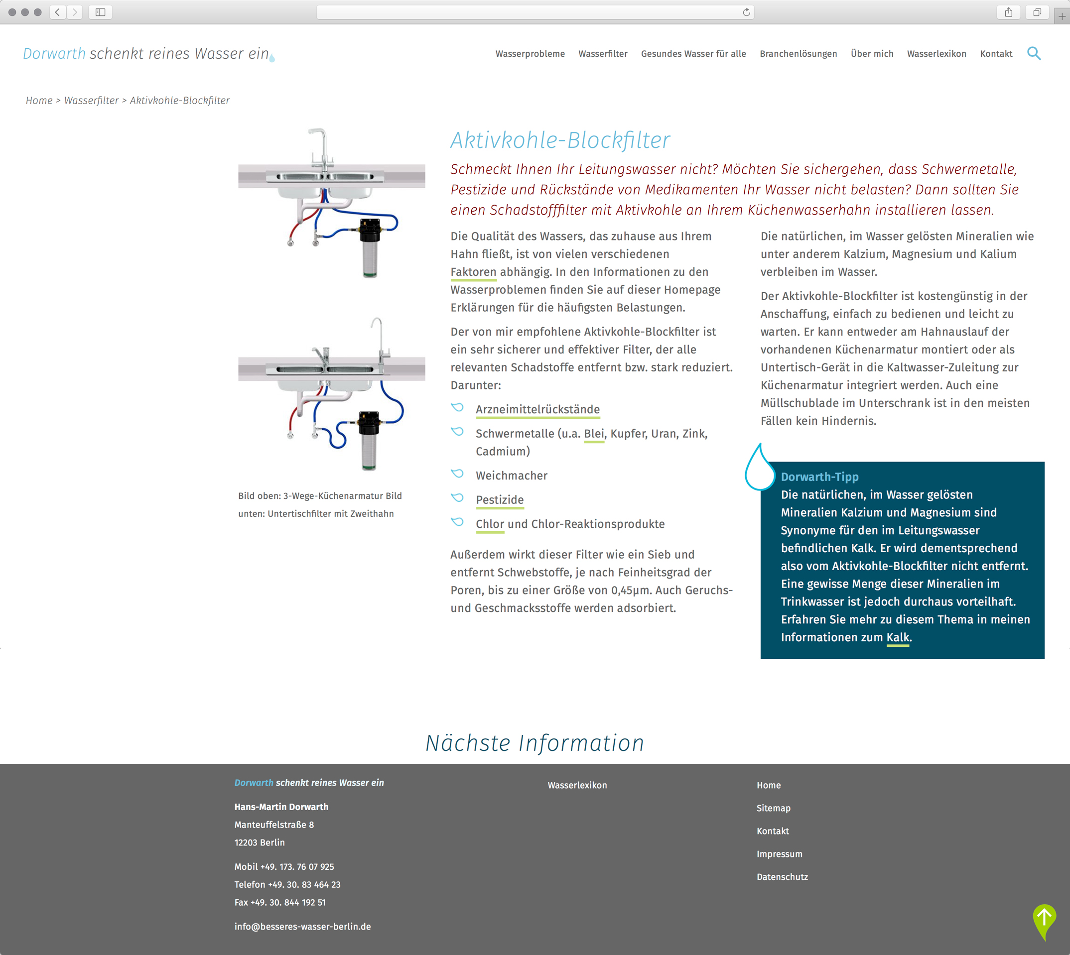 Webdesign, Unterseite Aktivkohle Blockfilter – Corporate Website, Dorwarth Wasserexperte, Besseres Wasser Berlin