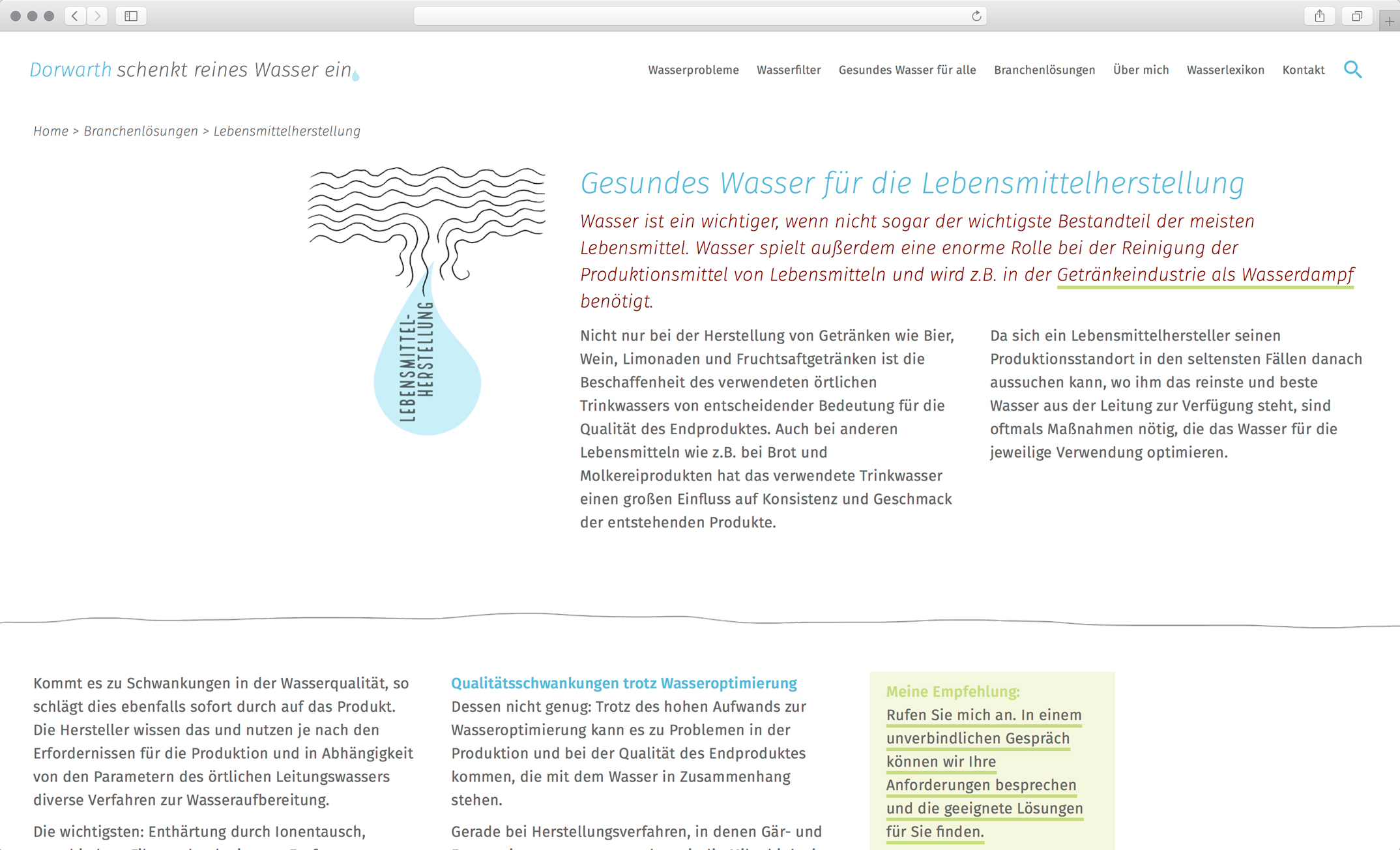 Webdesign, Unterseite Lebensmittelherstellung – Corporate Website, Dorwarth Wasserexperte, Besseres Wasser Berlin