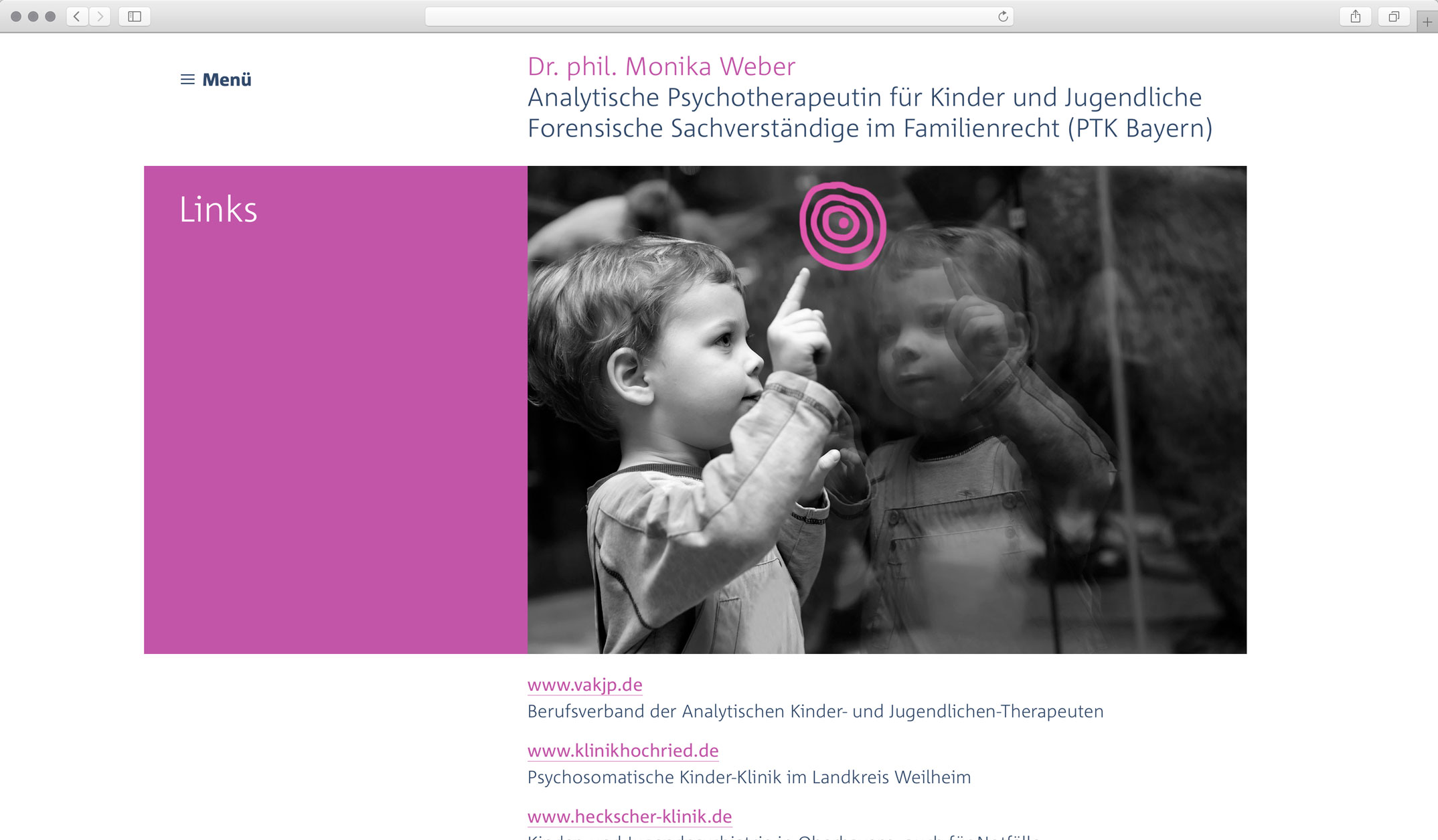 Corporate Website, Unterseite Links – Dr. phil. Monika Weber Analytische Kinder- und Jugendtherapeut, forensische Gutachten