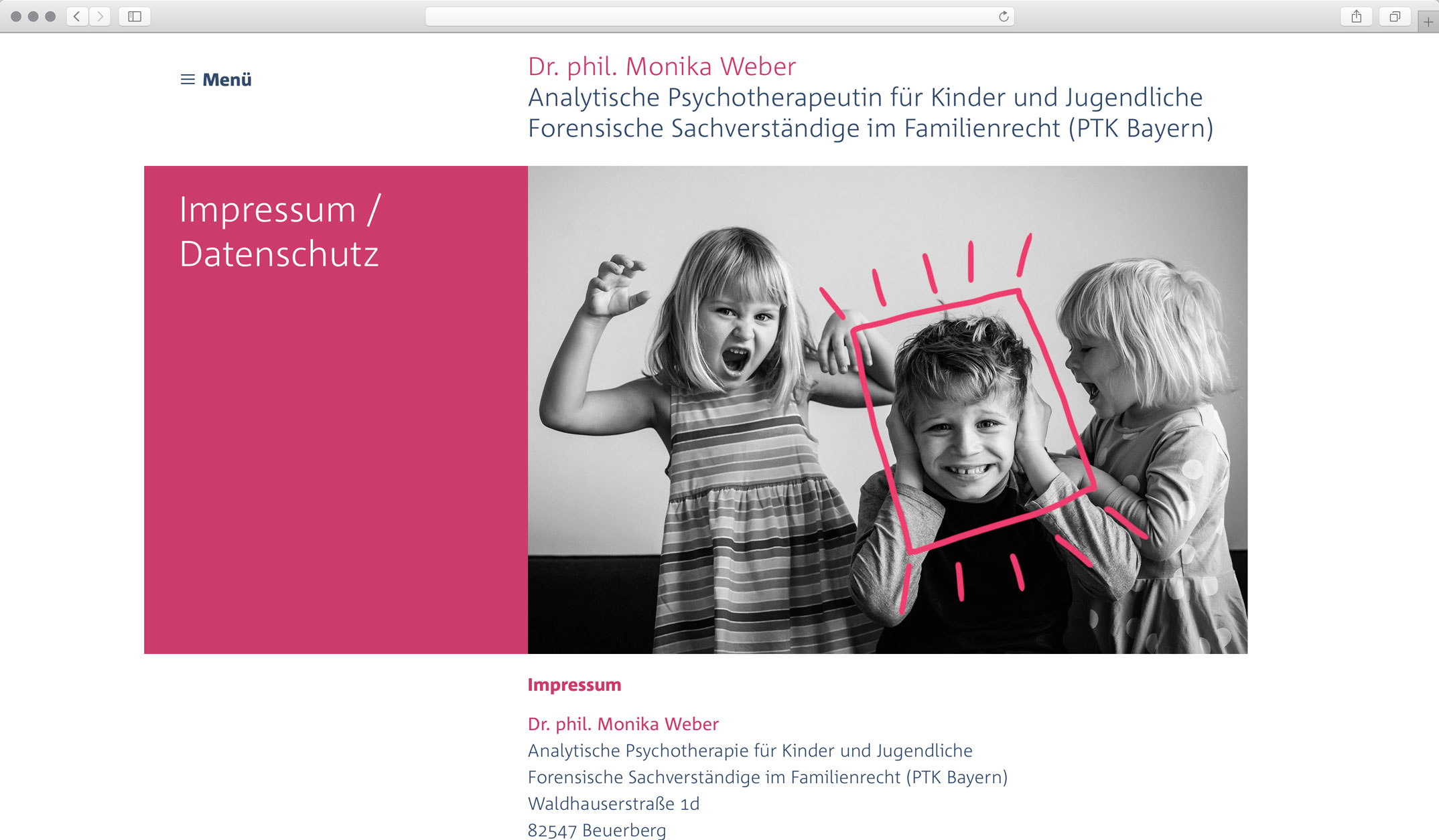 Corporate Website, Unterseite Datenschutz – Dr. phil. Monika Weber Analytische Kinder- und Jugendtherapeut, forensische Gutachten