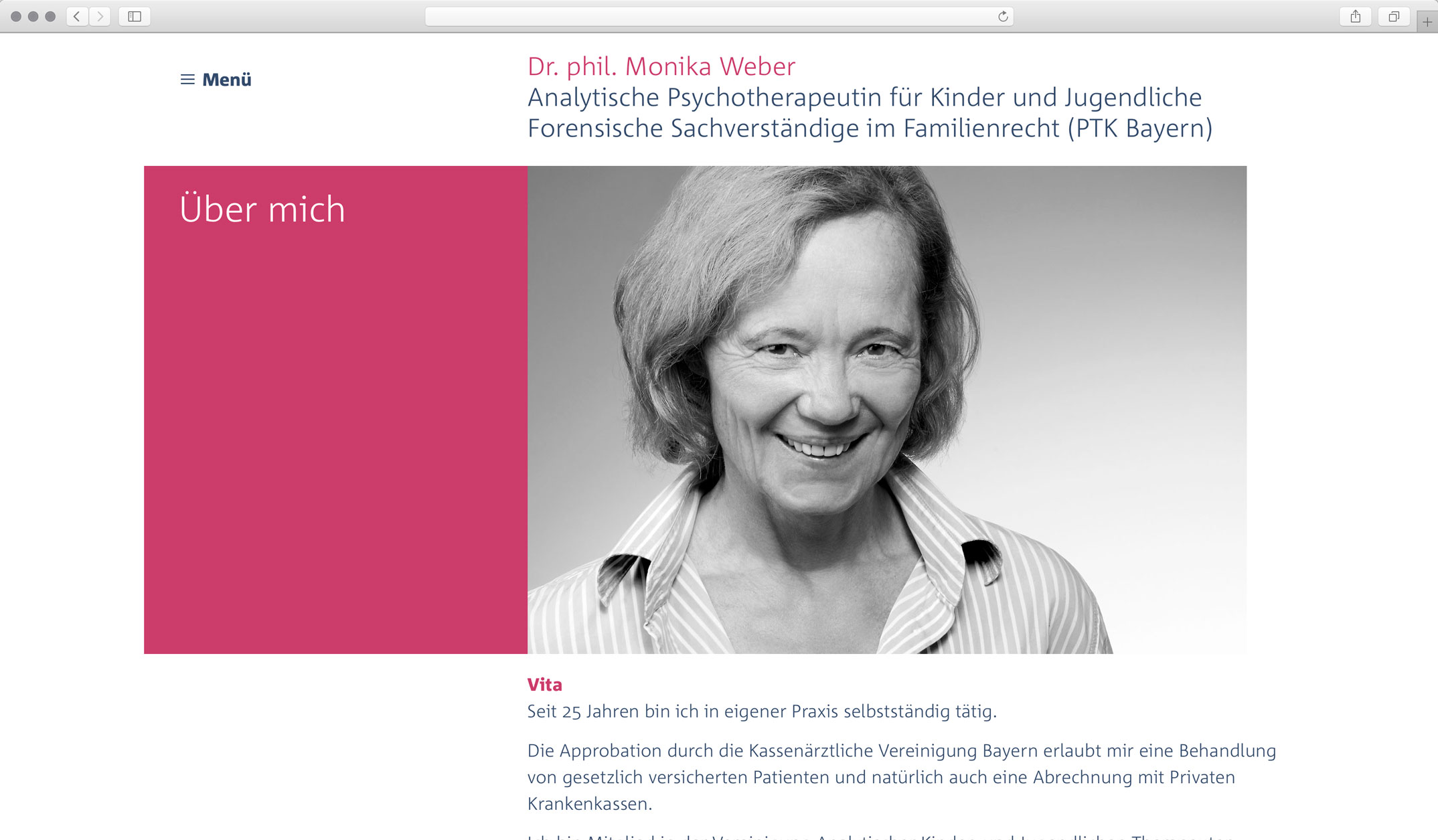 Corporate Website, Unterseite Vita – Dr. phil. Monika Weber Analytische Kinder- und Jugendtherapeut, forensische Gutachten