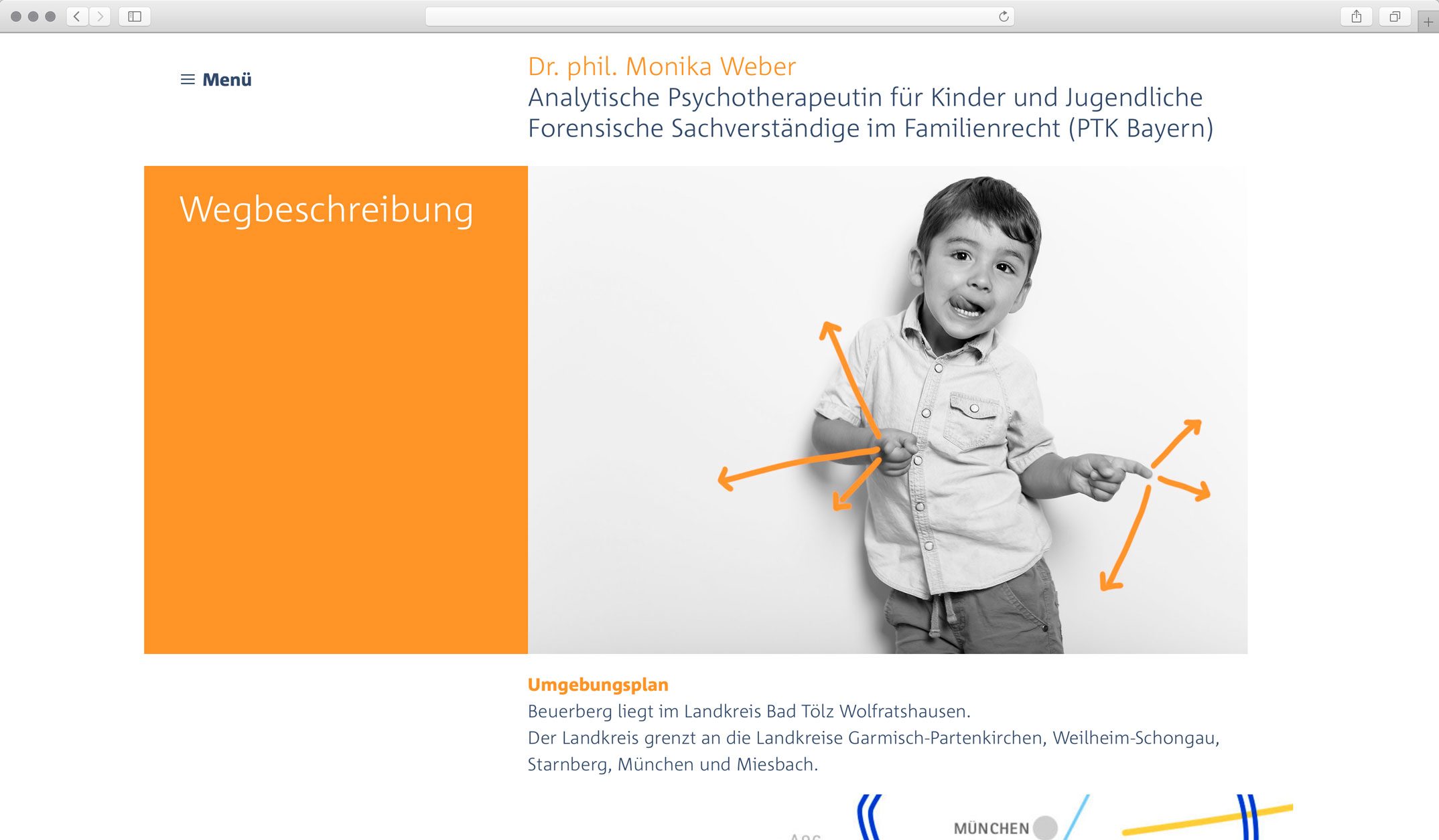 Corporate Website, Unterseite Wegbeschreibung – Dr. phil. Monika Weber Analytische Kinder- und Jugendtherapeut, forensische Gutachten