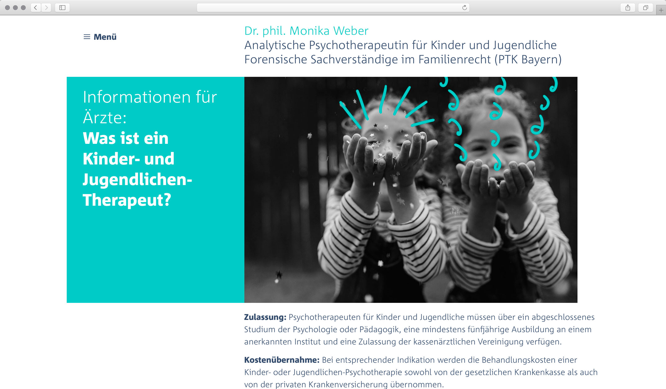 Corporate Website, Unterseite Informationen für Ärzte – Dr. phil. Monika Weber Analytische Kinder- und Jugendtherapeut, forensische Gutachten