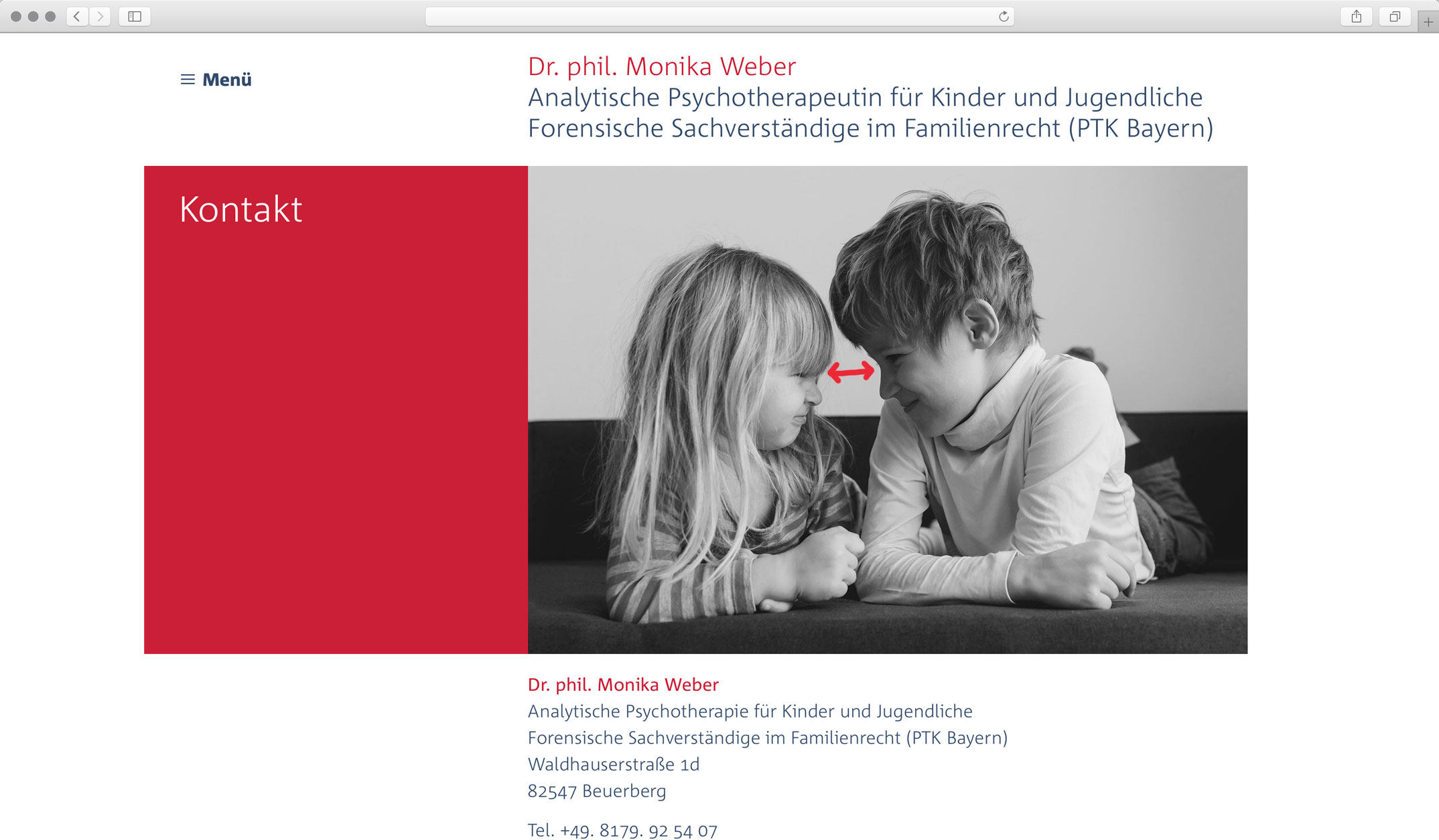 Corporate Website, Unterseite Kontakt – Dr. phil. Monika Weber Analytische Kinder- und Jugendtherapeut, forensische Gutachten