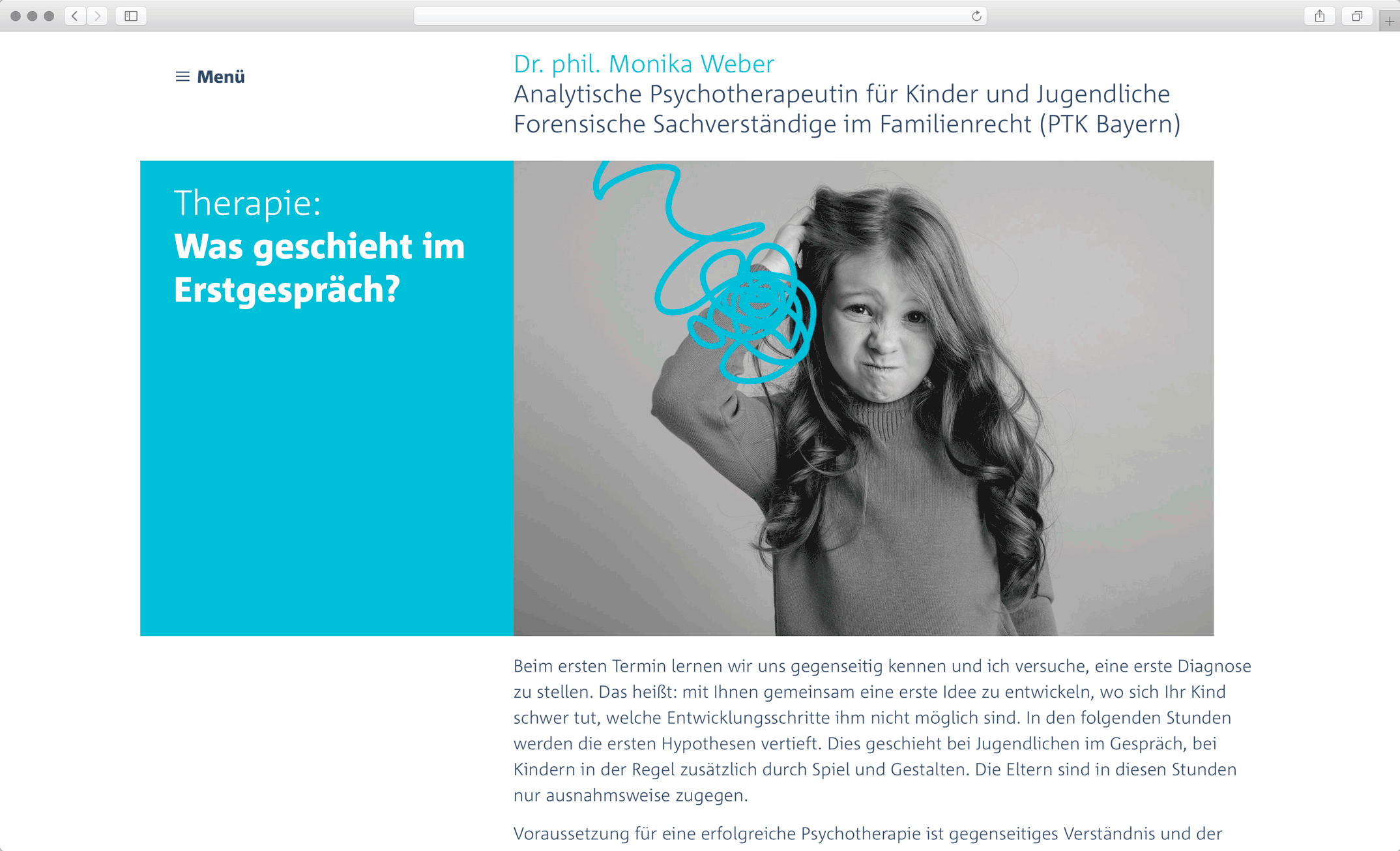 Corporate Website, Unterseite Erstgespräch – Dr. phil. Monika Weber Analytische Kinder- und Jugendtherapeut, forensische Gutachten
