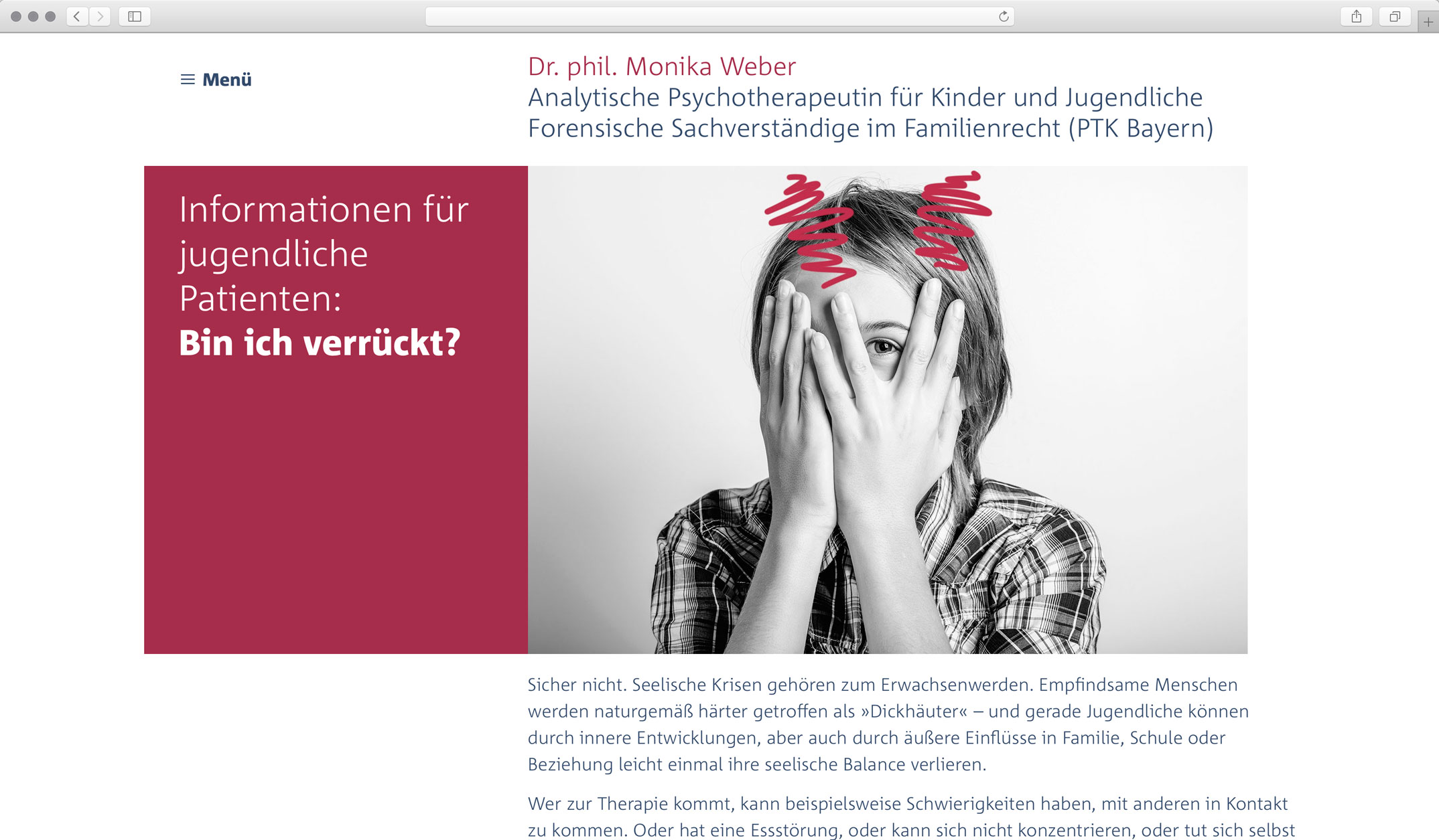 Corporate Website, Unterseite Informationen für Jugendliche – Dr. phil. Monika Weber Analytische Kinder- und Jugendtherapeut, forensische Gutachten