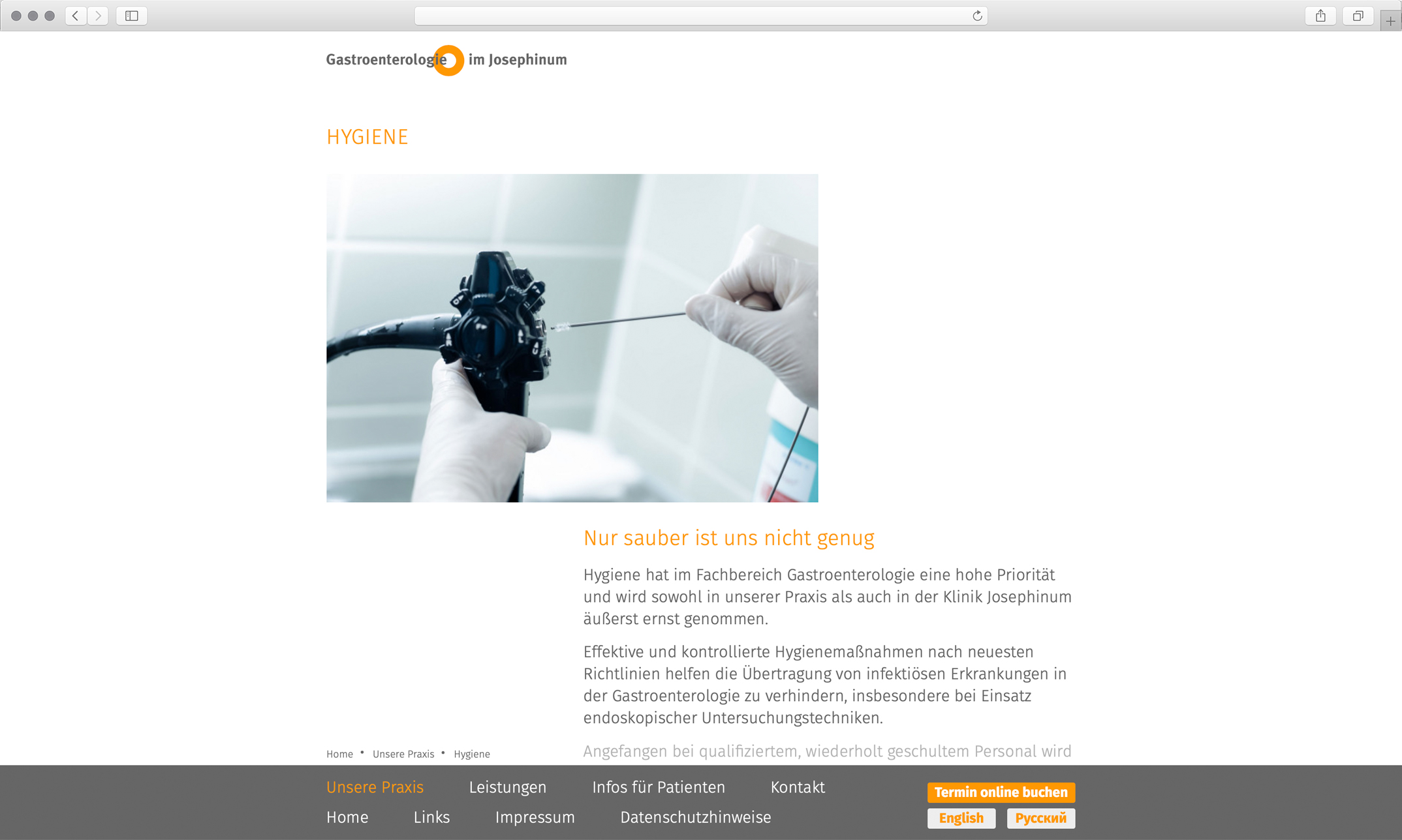 Webdesign, Unterseite Hygiene – Corporate Website, Gastroenterologie im Josephinum München