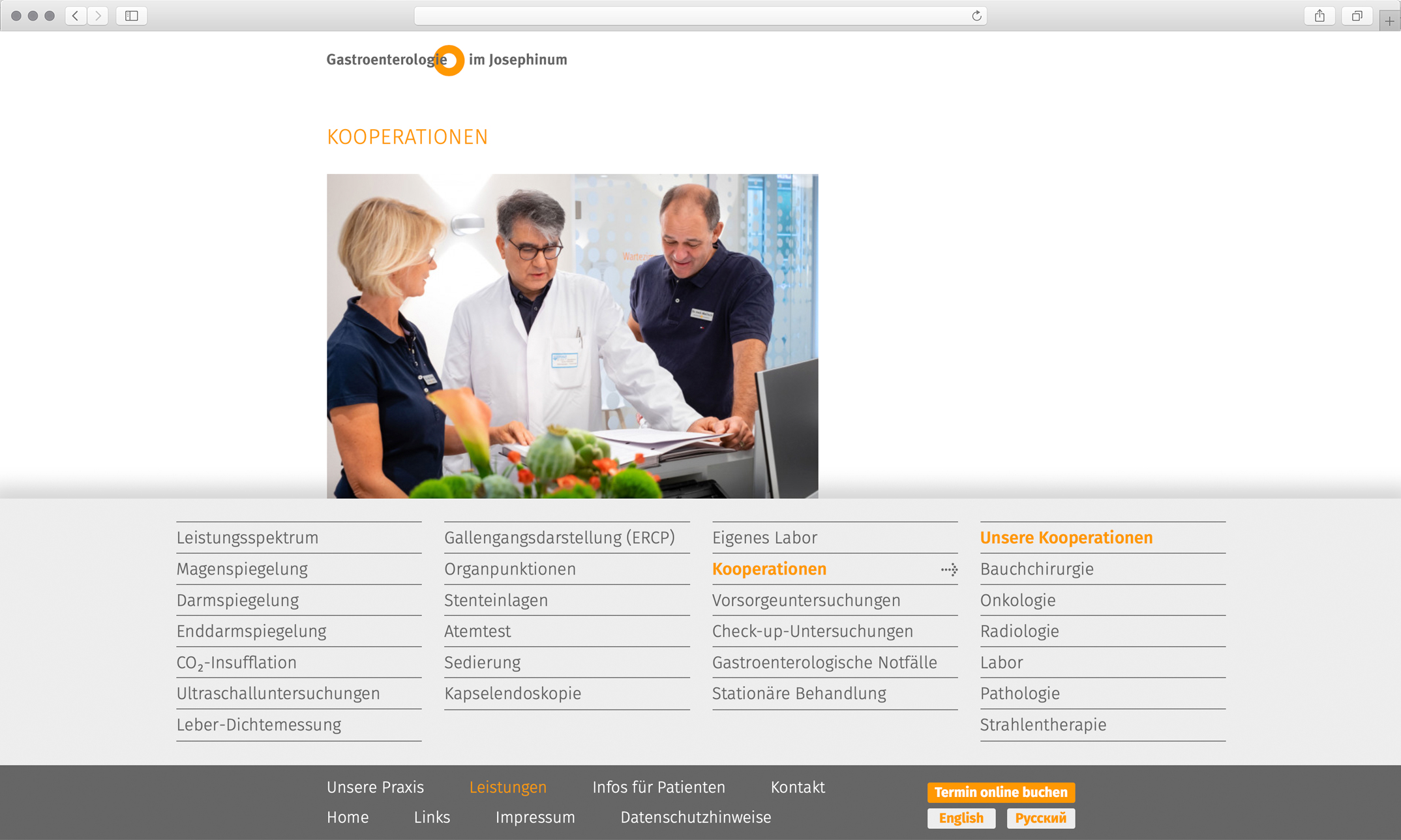 Webdesign, Unterseite Kooperationen, Navigation – Corporate Website, Gastroenterologie im Josephinum München
