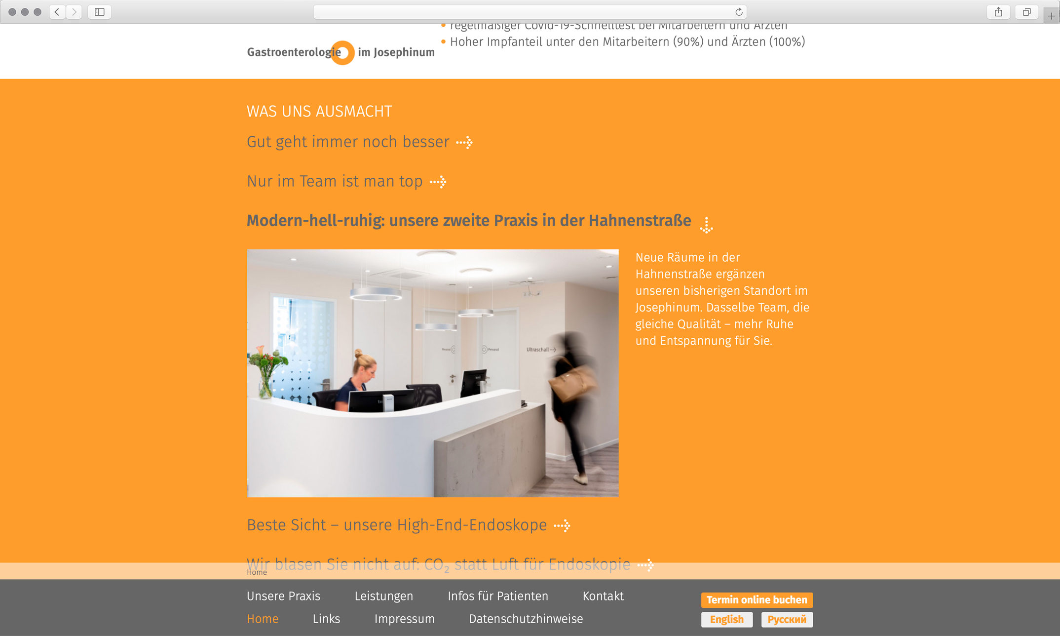 Webdesign, Startseite »Was uns ausmacht« – Corporate Website, Gastroenterologie im Josephinum München