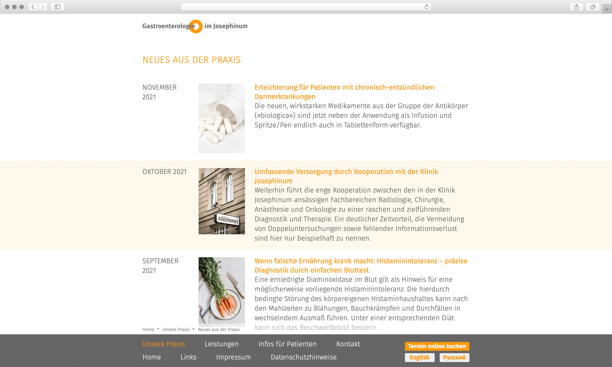 Webdesign, Unterseite News Blog – Corporate Website, Gastroenterologie im Josephinum München