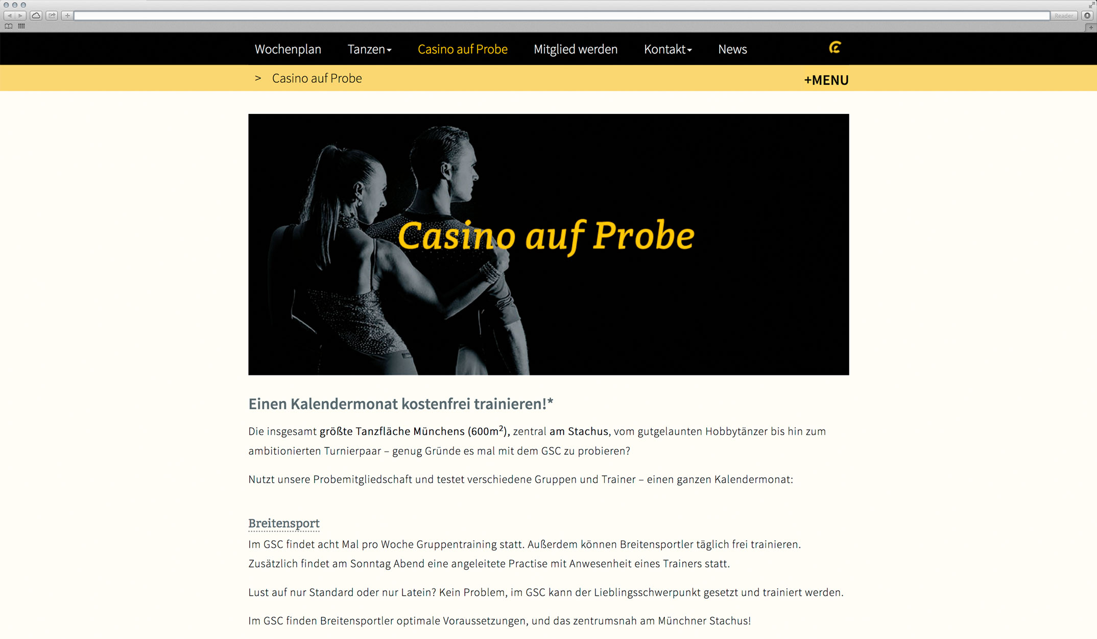 Webdesign, Unterseite Probestunden – Corporate Website, Gelb-Schwarz-Casino München