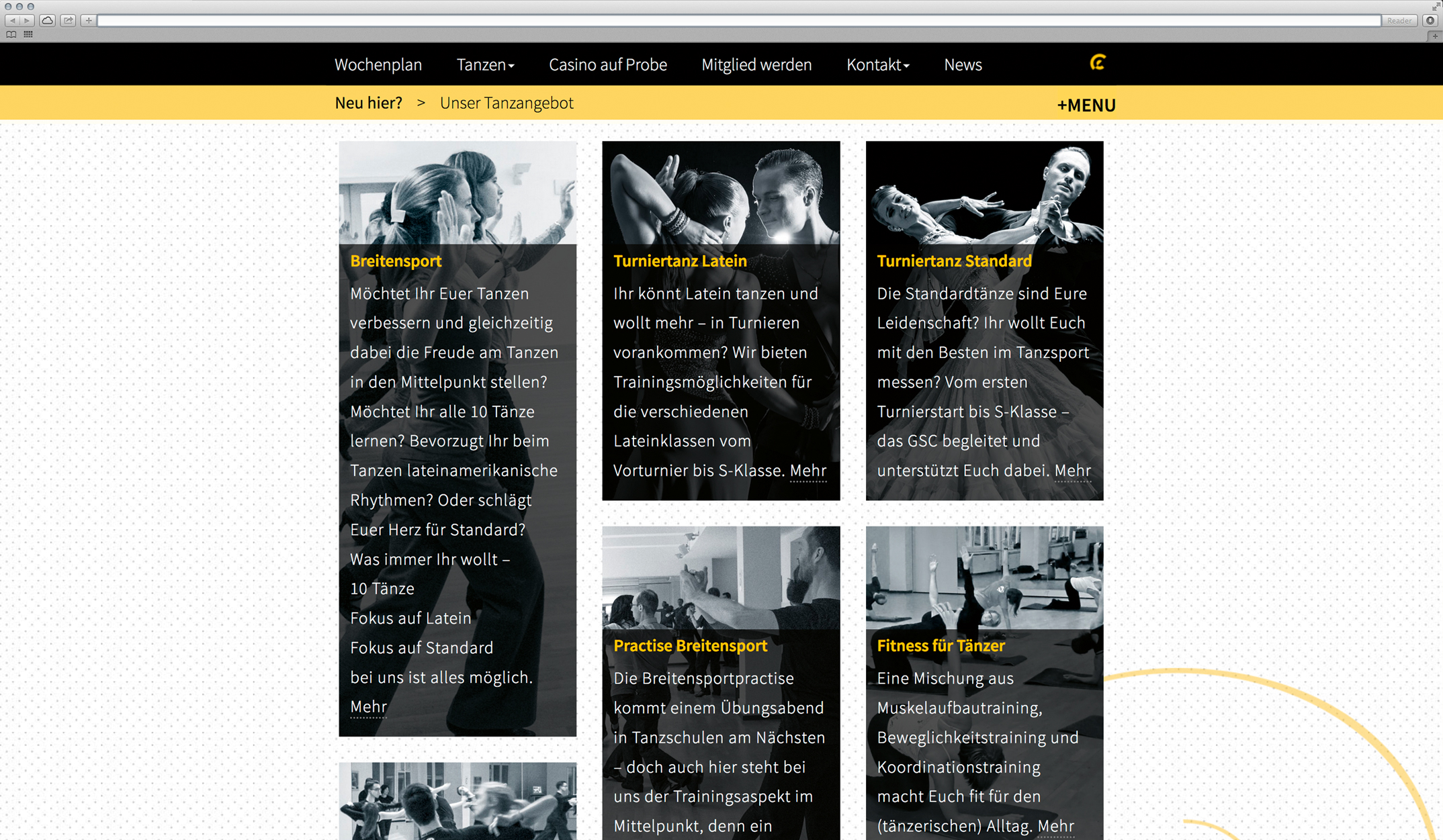 Webdesign, Unterseite Trainingsangebot – Corporate Website, Gelb-Schwarz-Casino München