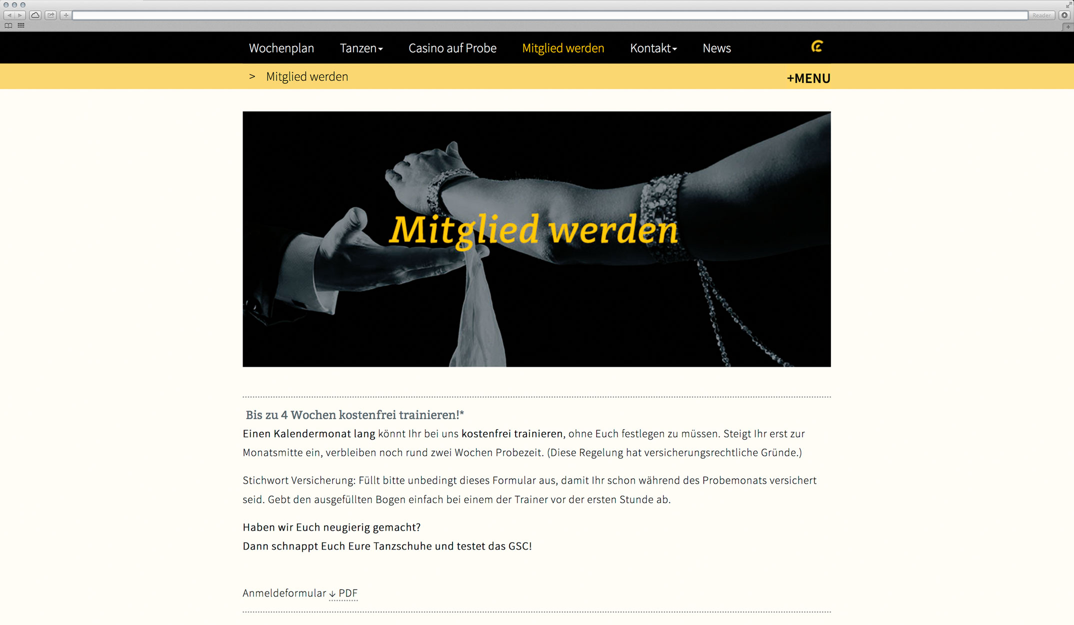 Webdesign, Unterseite Mitglied werden – Corporate Website, Gelb-Schwarz-Casino München