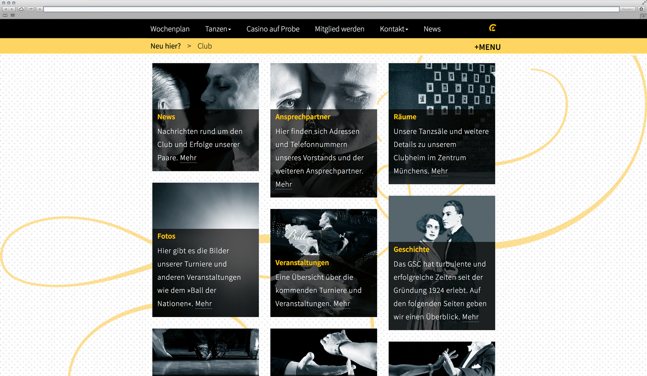 Webdesign, Unterseite Informationen über den Club – Corporate Website, Gelb-Schwarz-Casino München